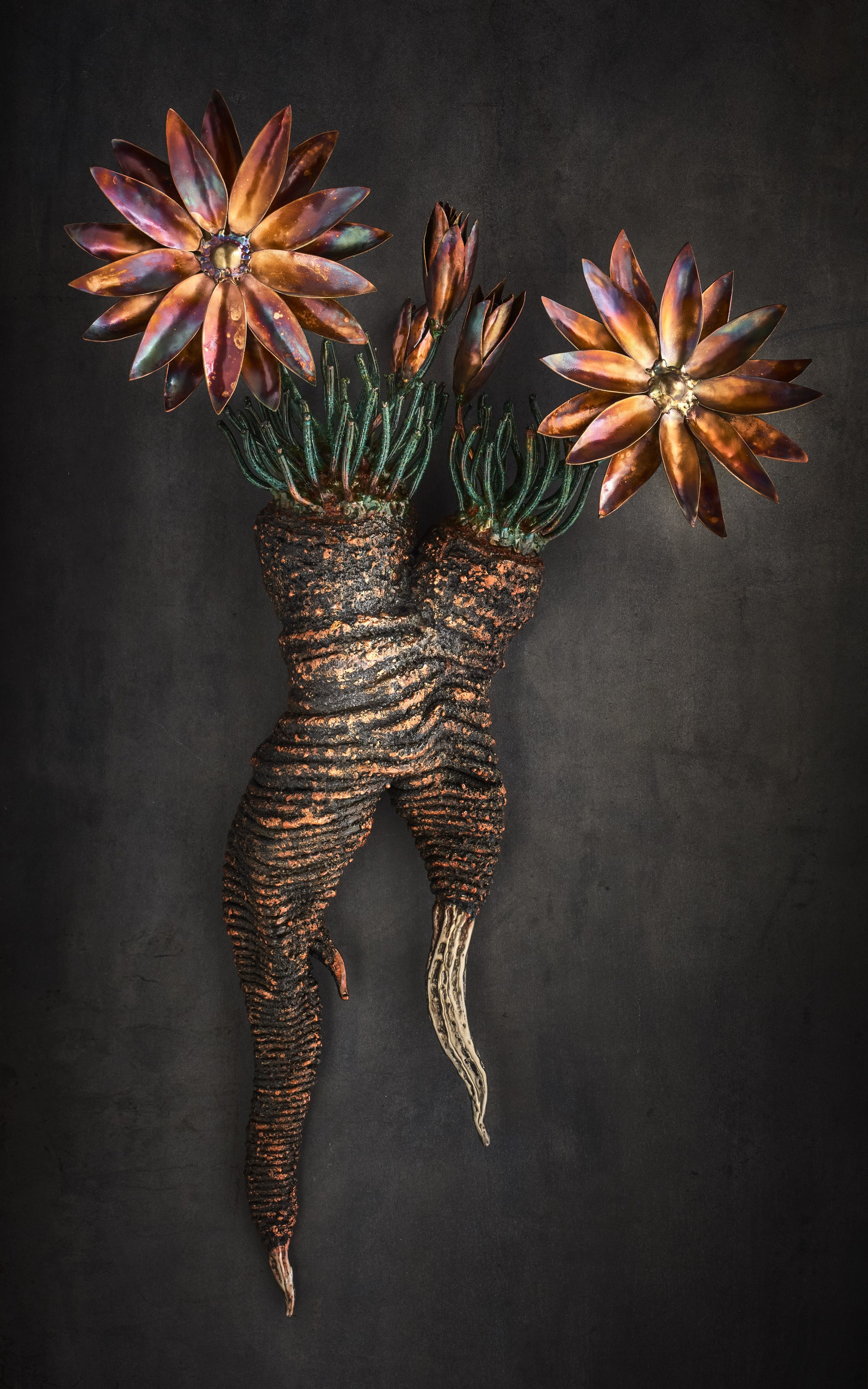 The Blooming Bitterroot was hand crafted with forged steel, copper flowers, and a unique spray arc transfer method was used to cake copper into the root itself. This unique sculpture now resides in the Missoula Airport as a public art display.