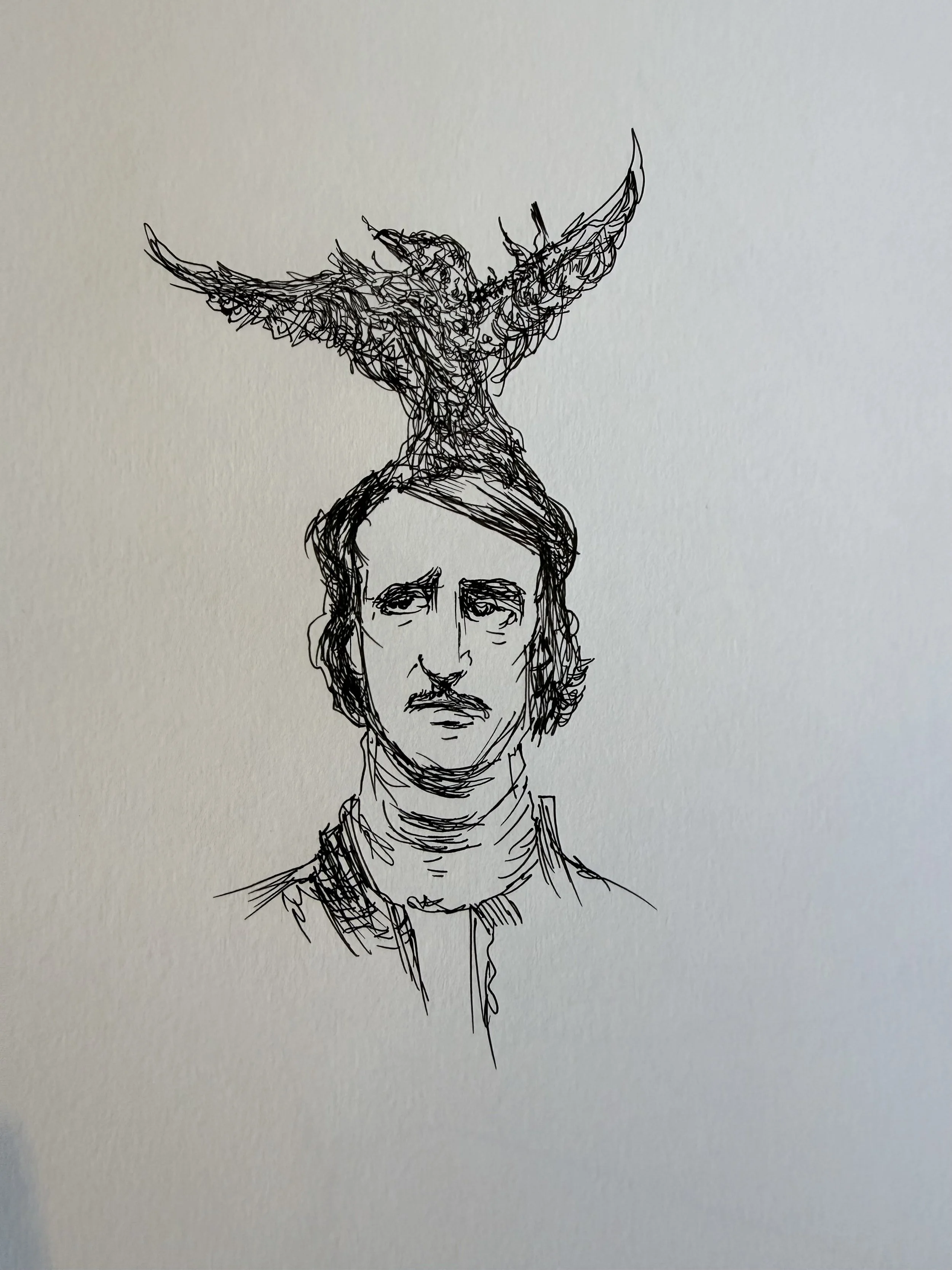 A black ink sketch of a man with a serious expression, with a large bird resembling an eagle or hawk with wings spread on his head.