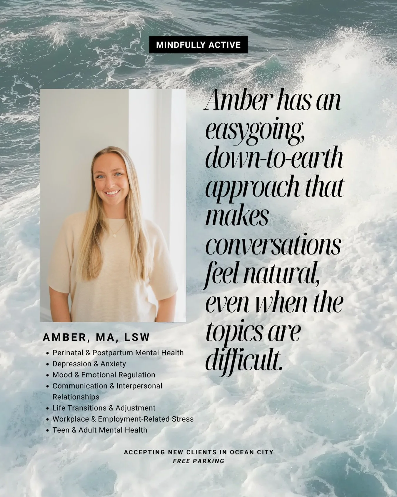 If you&rsquo;ve been thinking about starting therapy or finding a therapist who feels like the right fit, we&rsquo;d love to introduce you to Amber!

Amber has an easygoing, down-to-earth personality and a natural ability to connect with others. Her 