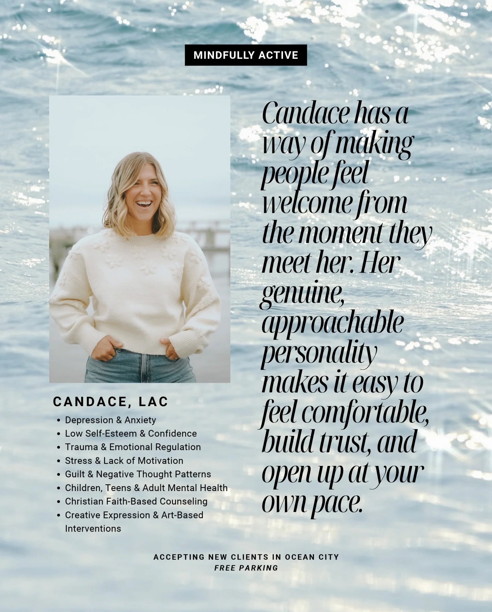 Candace has a natural ability to make you feel comfortable, understood, and at ease within minutes of meeting her. It&rsquo;s one of those qualities that&rsquo;s hard to put into words, but you&rsquo;ll know exactly what I mean when you meet her.

Ca