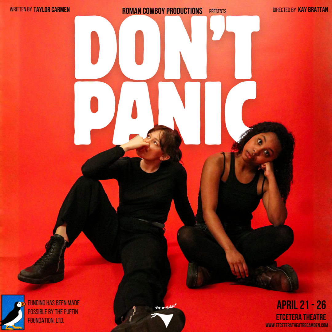 Poster of two individuals in all black against a red background, one looking up at the words Don't Panic, the other looking straight at camera