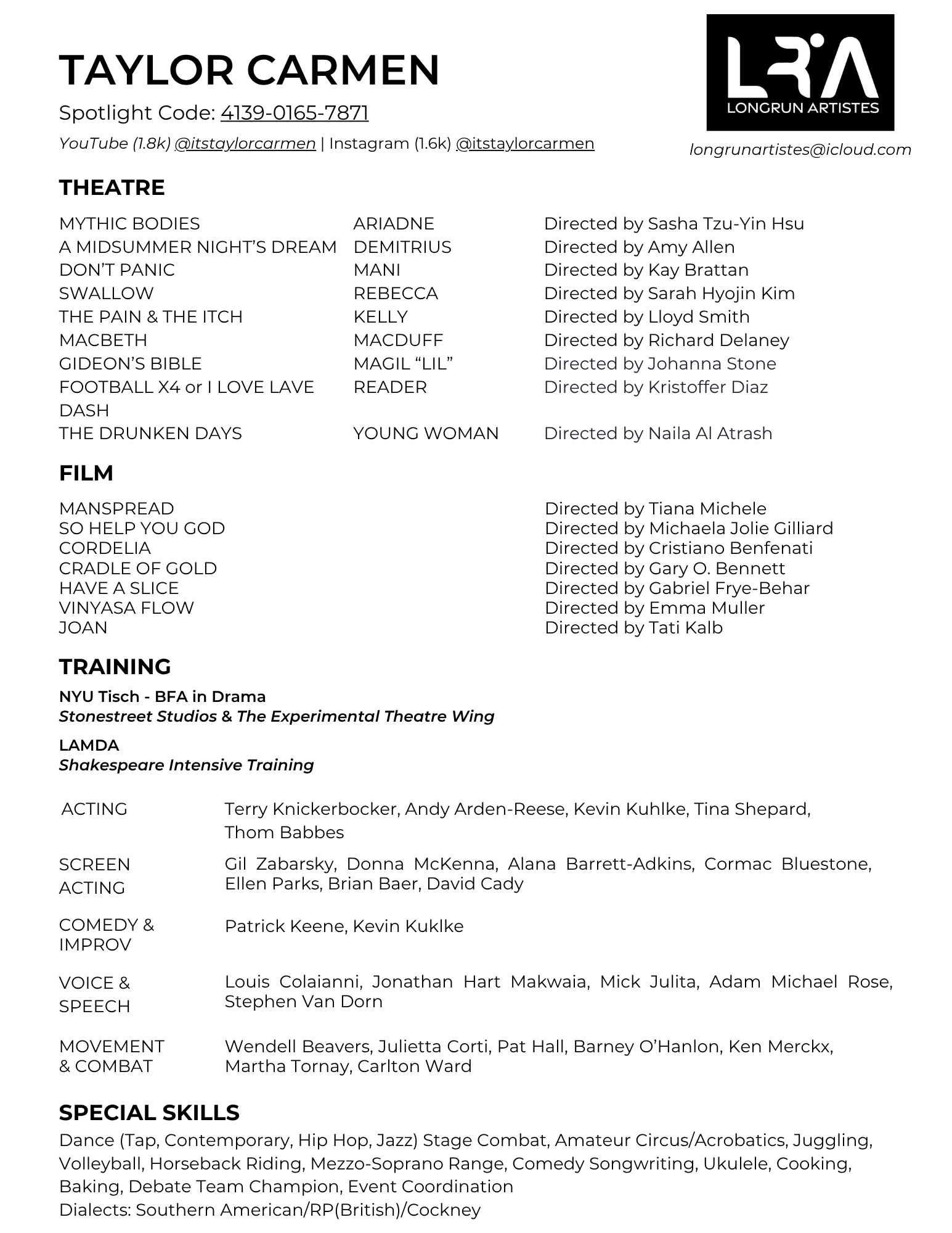 Taylor Carmen Acting CV