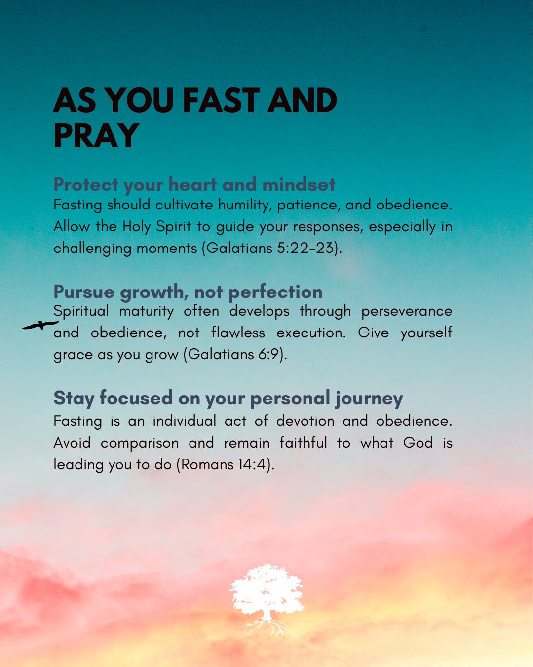 A religious-themed motivational poster with a sky background at sunset, featuring text about fasting, prayer, humility, and spiritual growth, along with a white tree illustration at the bottom.