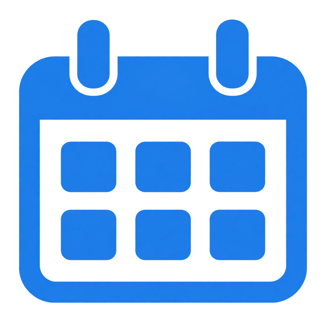 Blue icon of a calendar with six squares representing days, with two binding rings at the top.