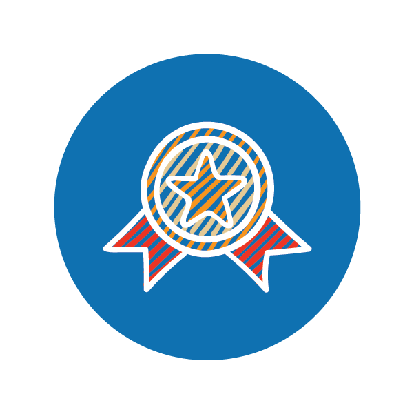 Illustration of a badge with a star in the center, surrounded by a ribbon, set against a blue circular background.