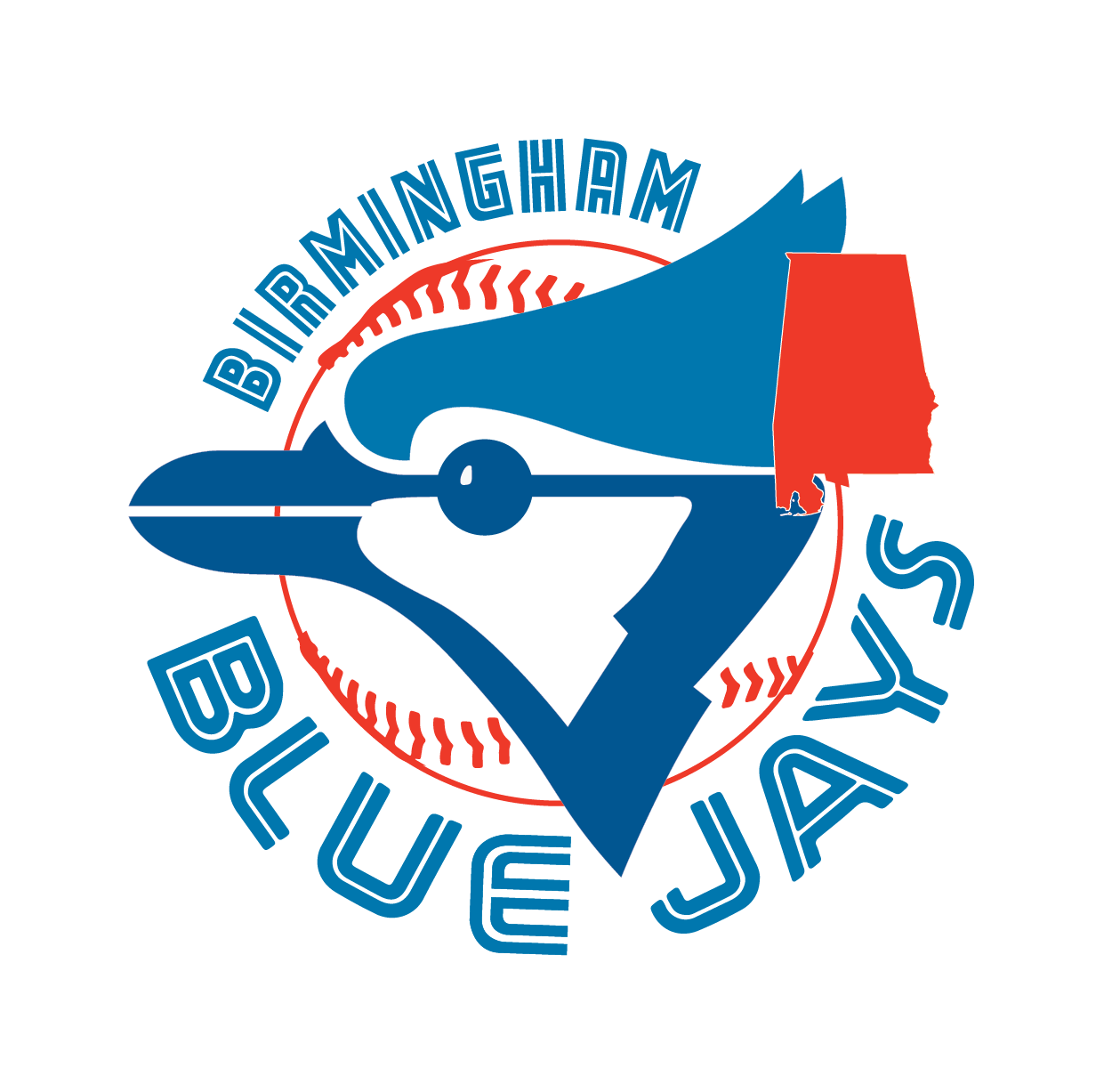 Logo of Birmingham Blue Jays featuring a baseball, a blue jay bird, and the outline of Alabama in red.