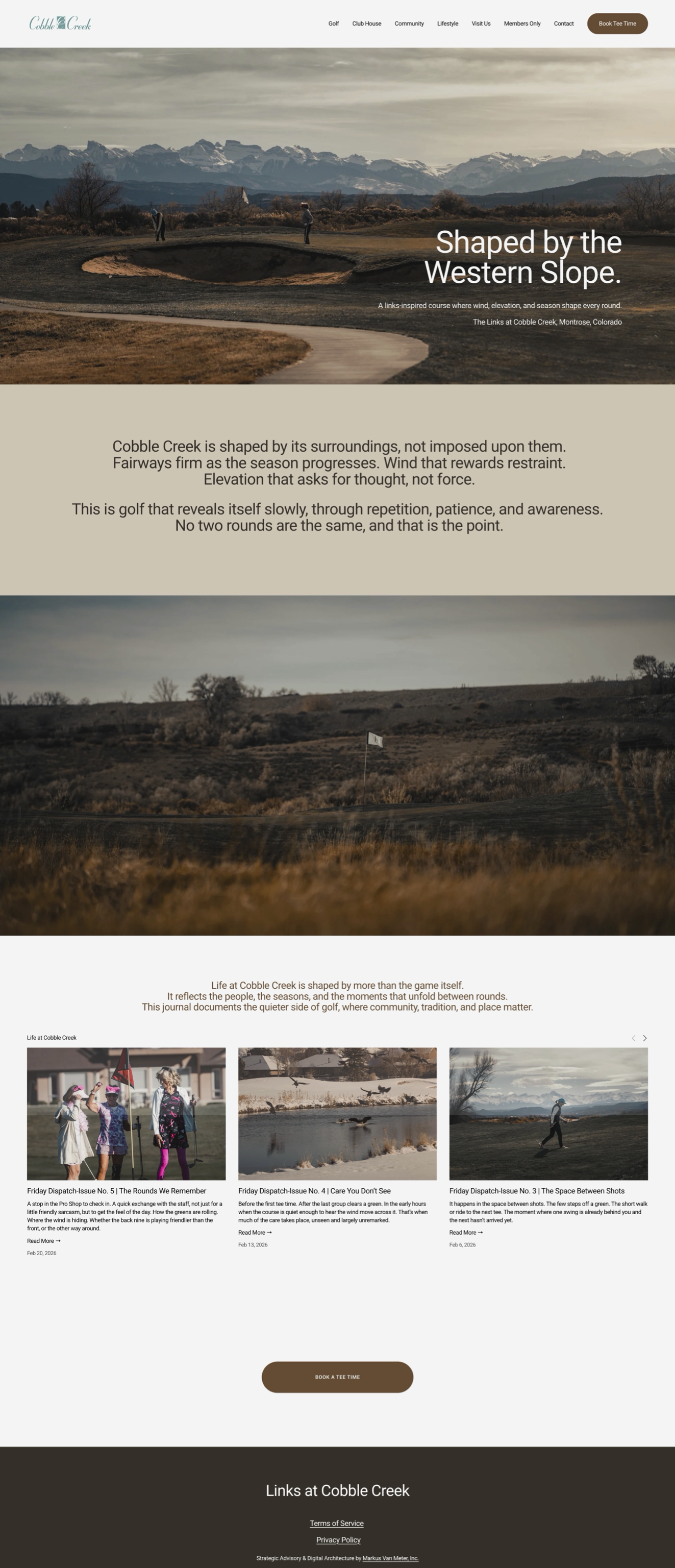 Homepage of Cobble Creek golf course website with scenic images of golf course and distant mountains, with text about the course's natural shaping and community.
