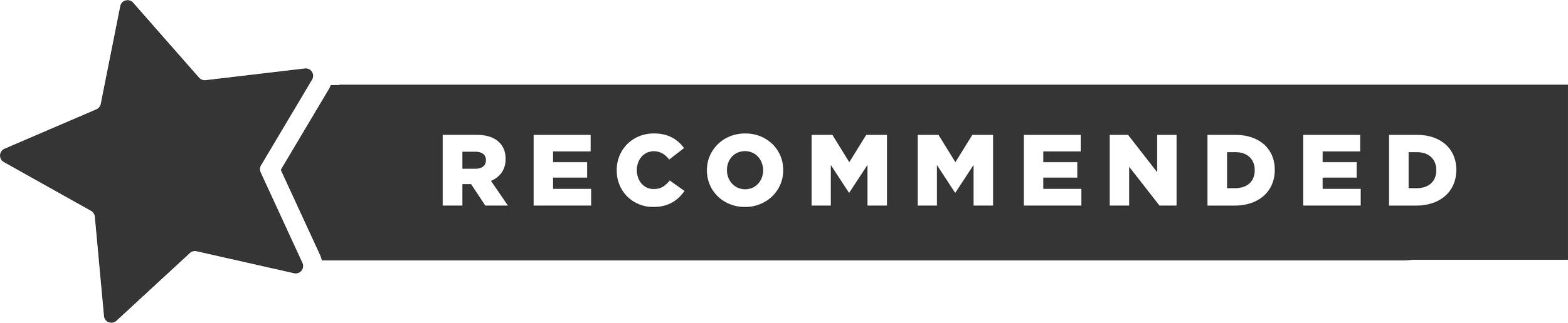 A black star graphic with the word "RECOMMENDED" in bold white letters on a dark gray background banner.