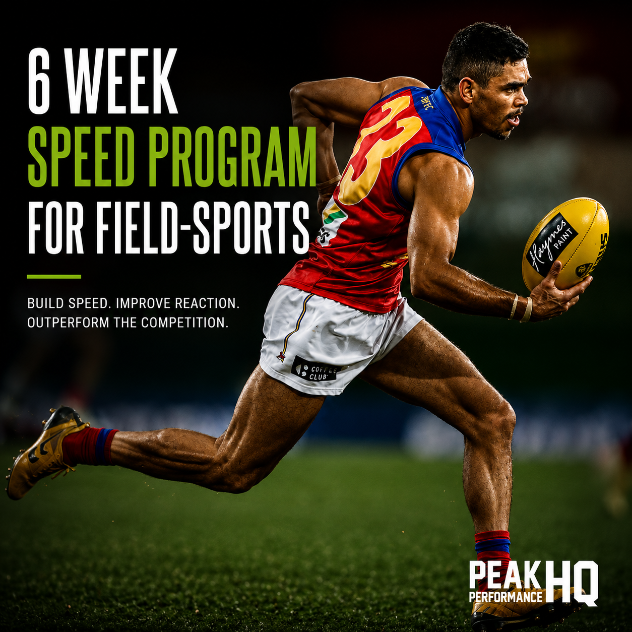 An athlete running on a sports field during a game, holding a football, with a text overlay reading '6 Week Speed Program For Field Sports.'