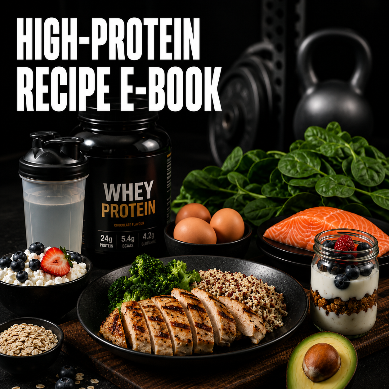 Two men in black jackets smiling and exchanging a yellow bottle in a gym or industrial setting, with large black kettlebell in the background, promoting a high-protein recipe e-book.