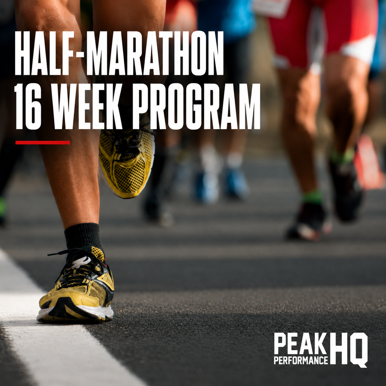 Close-up of a runner's feet at the start of a half-marathon, with other runners in the background and the text 'Half-Marathon Running Program' over the image.