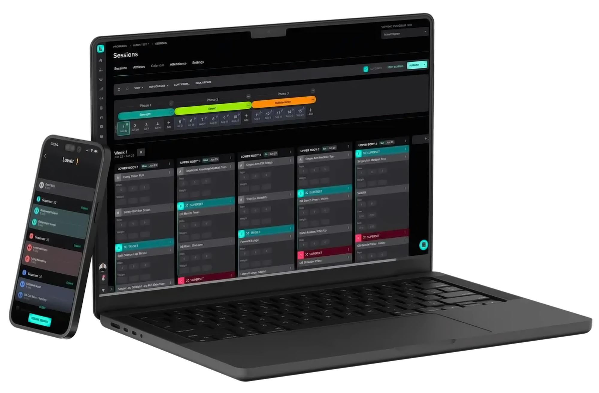 A laptop and a smartphone displaying fitness workout and scheduling apps on their screens.