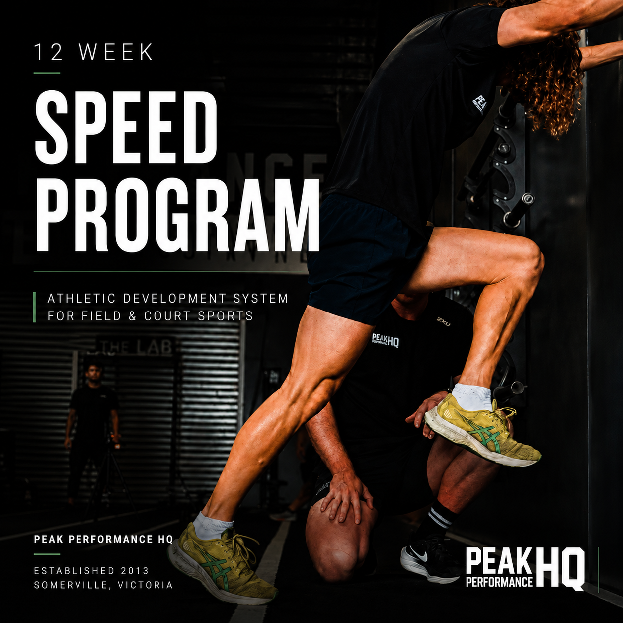Text overlay reading '12 Week Speed Program' with a background image of a person with muscular arms lifting a dumbbell in a gym.