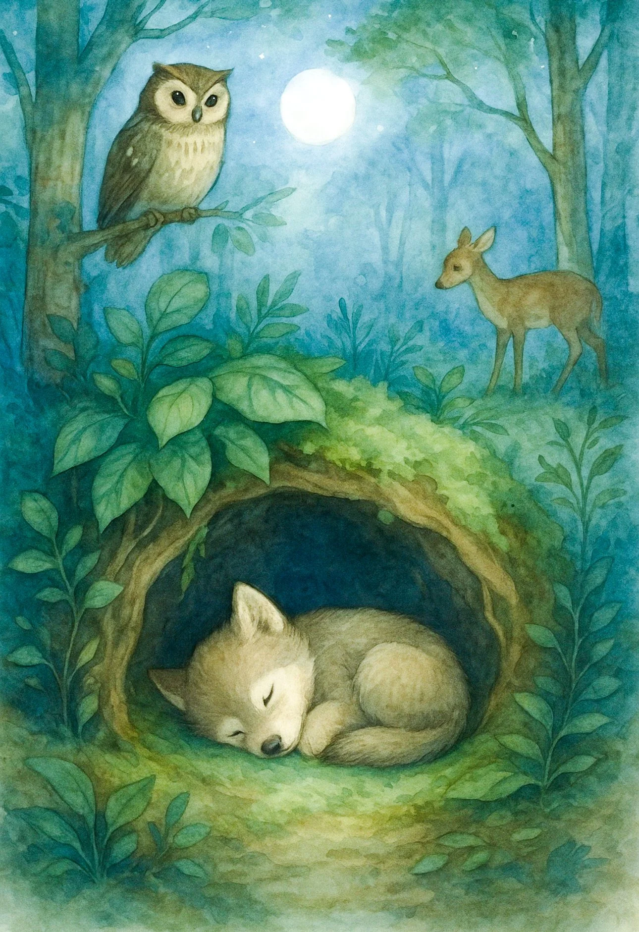 Sleeping wolf cub inside a forest den at night with owl and deer under moonlight, children’s book illustration from I Loved You Back to Me by Carolina Vazquez