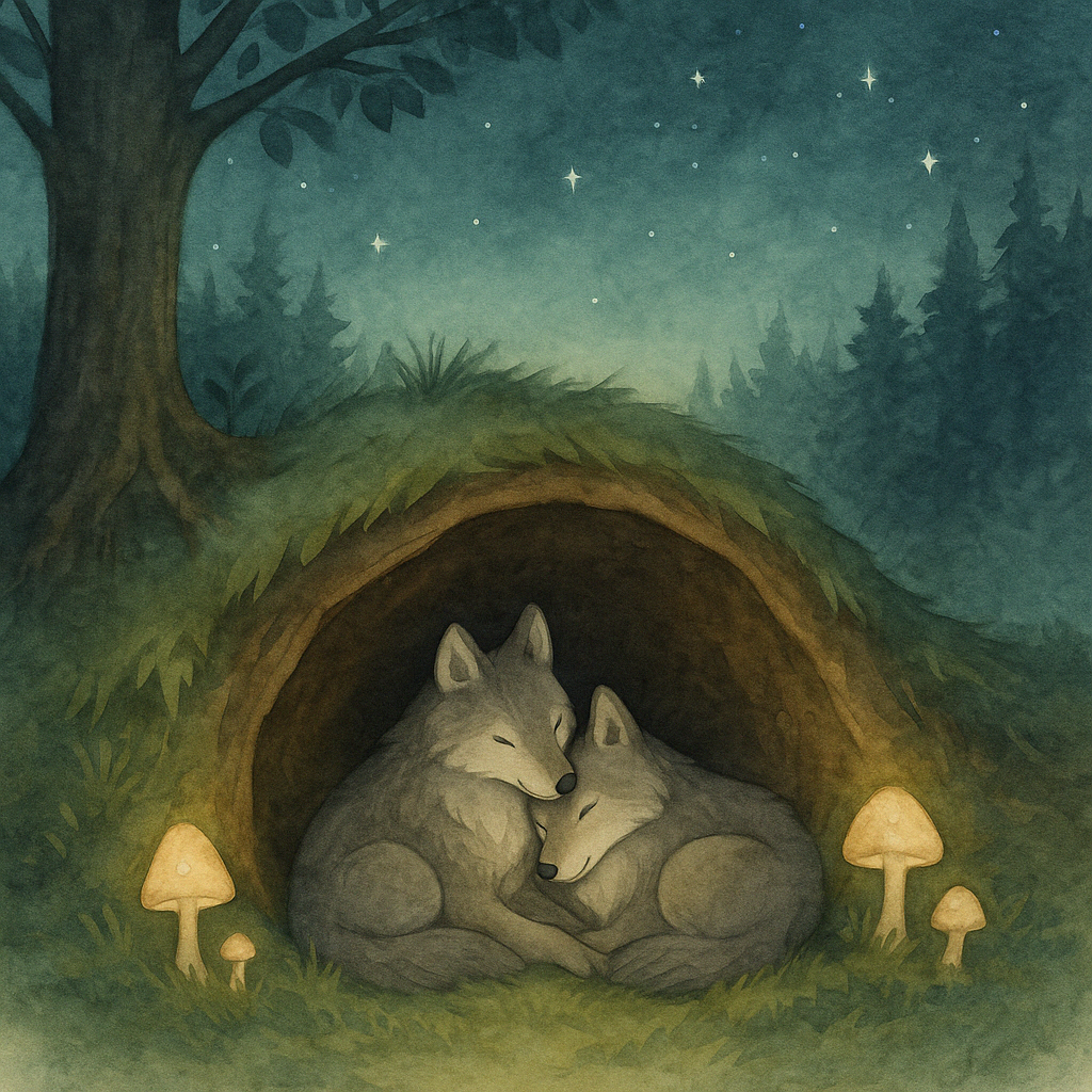 Two wolf parents cuddling inside a cozy den at night, emotional children’s book illustration from I Loved You Back to Me by Carolina Vazquez