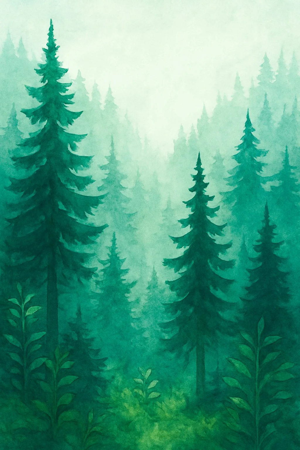 Soft green pine forest illustration with misty mountains, children’s book artwork from I Loved You Back to Me by Carolina Vazquez