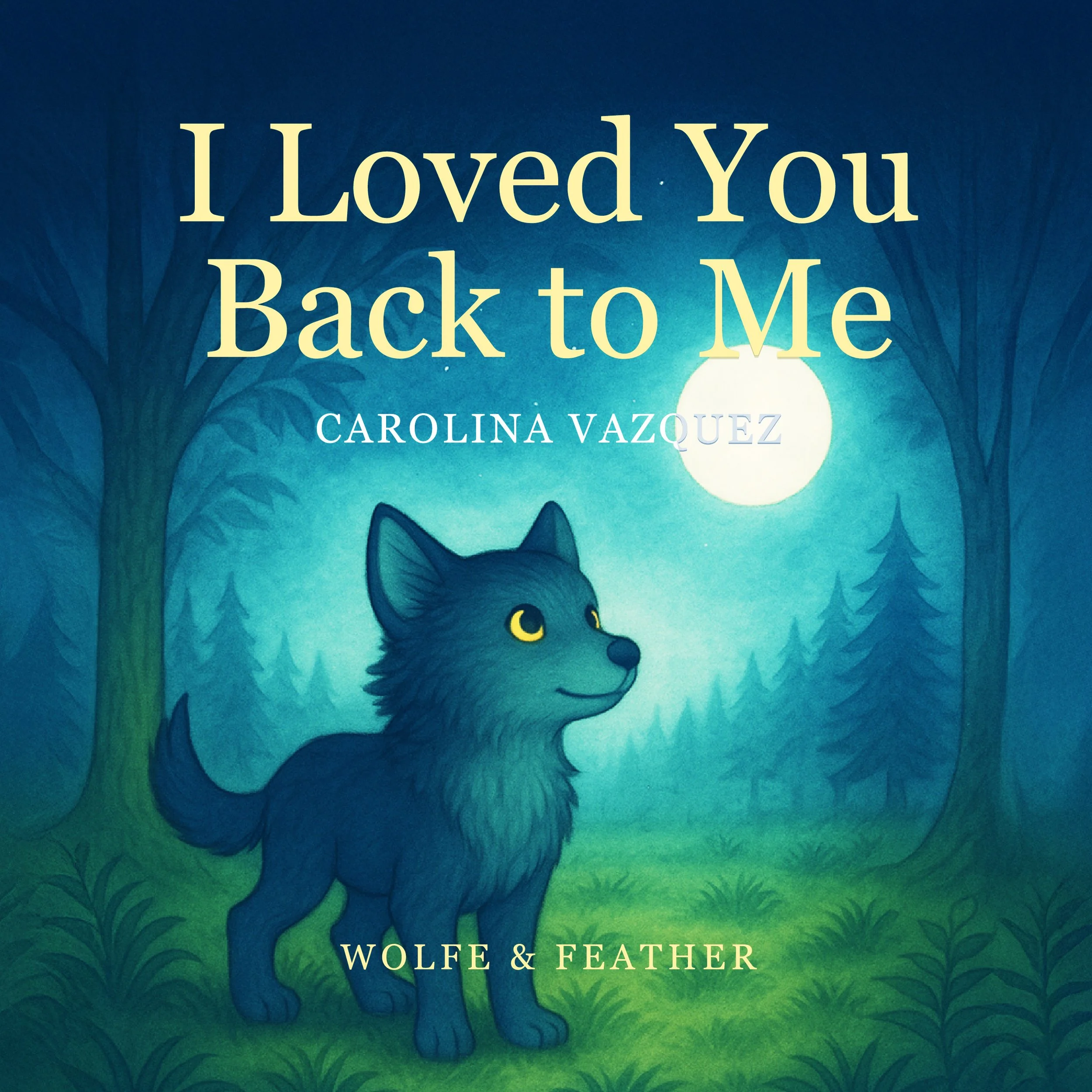 I Loved You Back to Me children’s book cover featuring a small wolf cub under moonlight by Carolina Vazquez