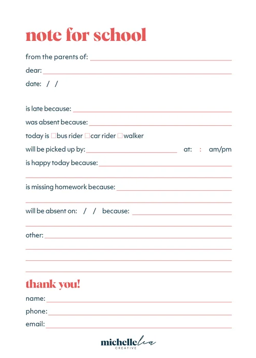 School Note Printable: Free Download — Michelle Lea Creative
