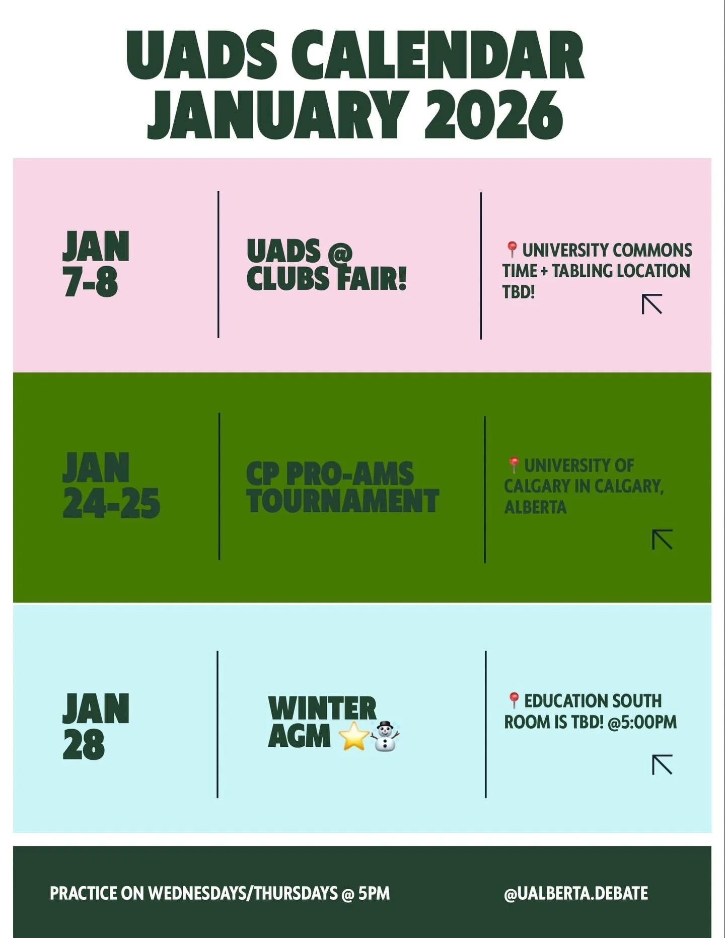 🧣🥶WINTER SEMESTER SCHEDULE ❄️☃️ 
Here is a general idea of what our club will be doing next semester! Keep an eye out for detailed posts for each event as they come, but for now use this to mark your calendars 😆😆 

Good luck to everyone on their 