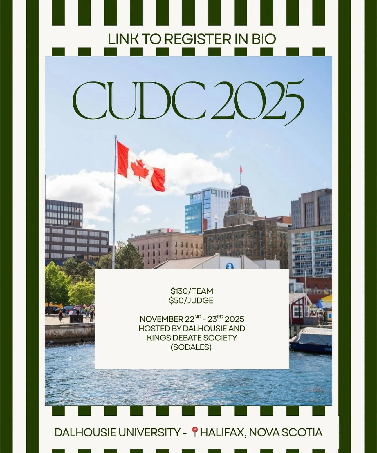 The Canadian University Debating Championship (CUDC) will be held at Dalhousie University this year! 

🗓️November 22nd-23rd, 2025
📍Halifax, Nova Scotia on Dalhousie Campus 
📋$130/per team ($65 each person and $50/per judge
⏰Deadline to sign up is 