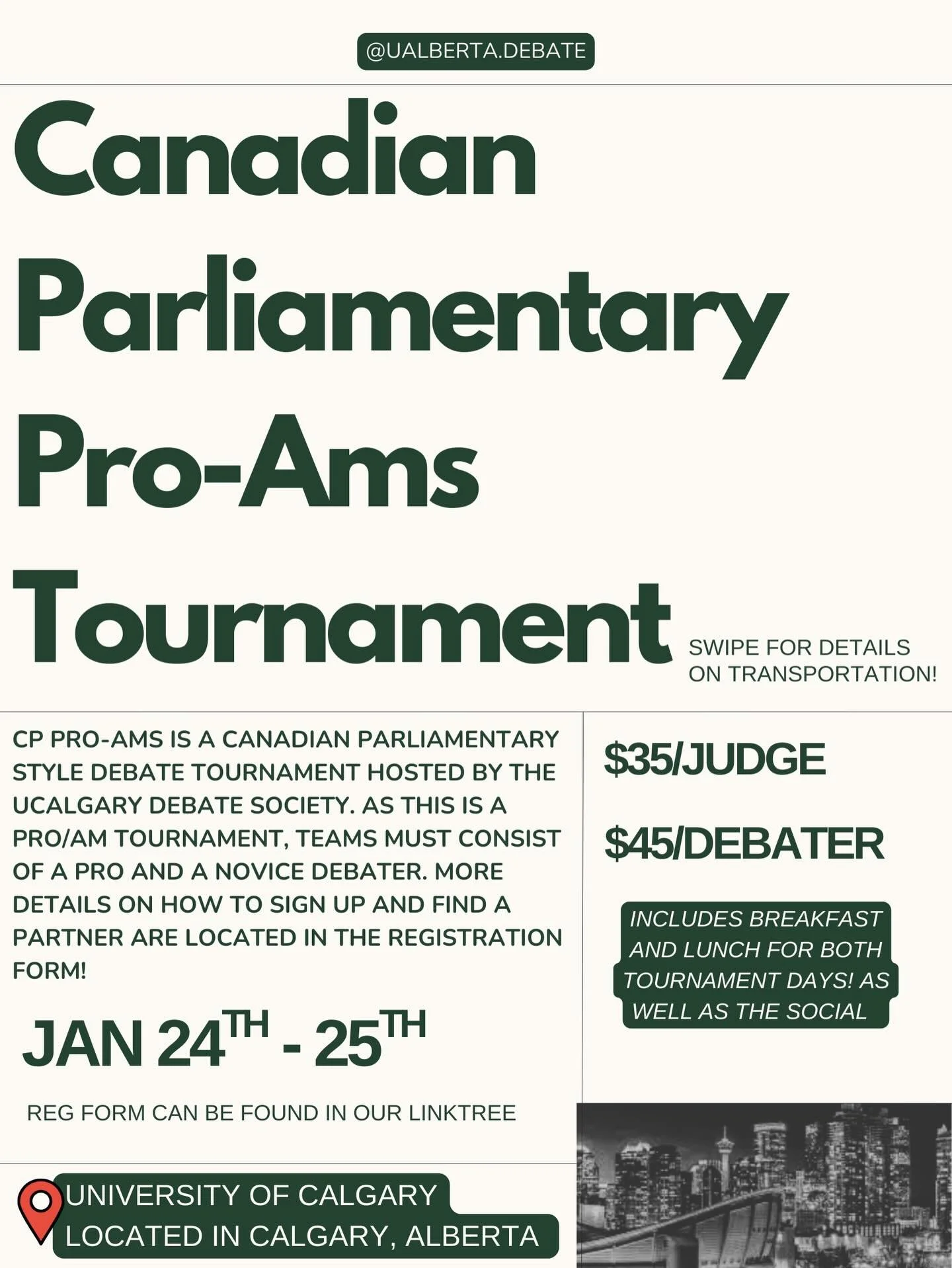 First tournament of the year!! 🥳🎉👏🙌 CP Pro Ams is a Canadian Parliamentary debate tournament at the University of Calgary ❄️☃️🌃

Form (AND PAYMENT) Deadline: January 18th at midnight. Send payment to: finance@uads.ca with password UADS2025

The 
