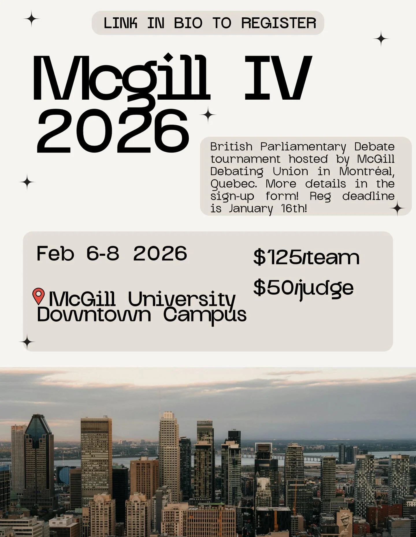 ITS HERE 🫡🫡🫡🙌 McGill IV reg is NOW OPEN! Run to claim your spot and those sweet subsidies that are first come first serve for wgm and novice members!! Check out the reg form in our bio for more details on that. This will be a British Parliamentar