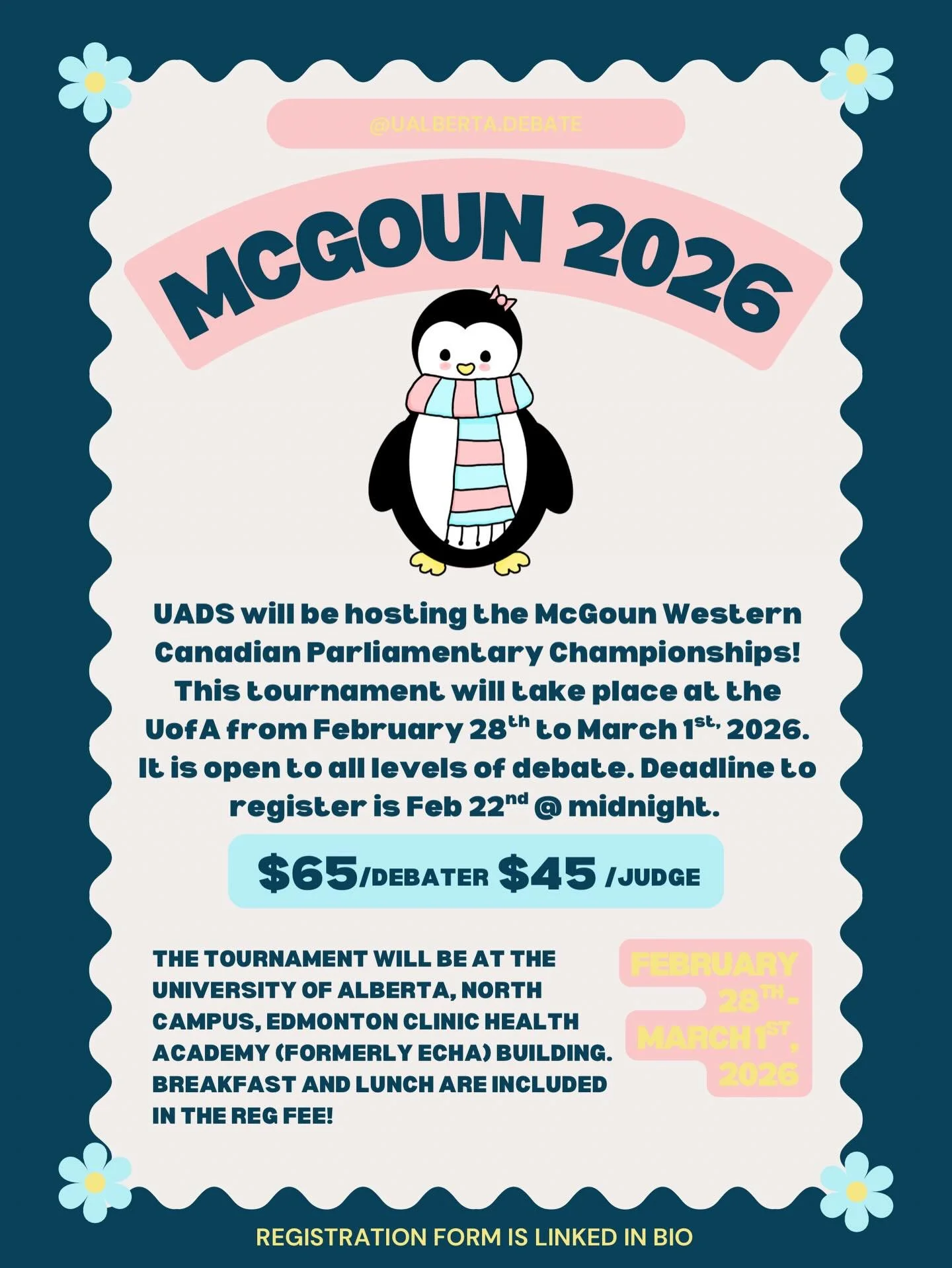 Fourth times a charm?🤩 McGoun reg is live! This Canadian Parliamentary style debate tournament will be hosted right here at the uofa 🙌 

The prices are $65/per debater and $45/per judge, that comes with breakfast and lunch both days of the tourname