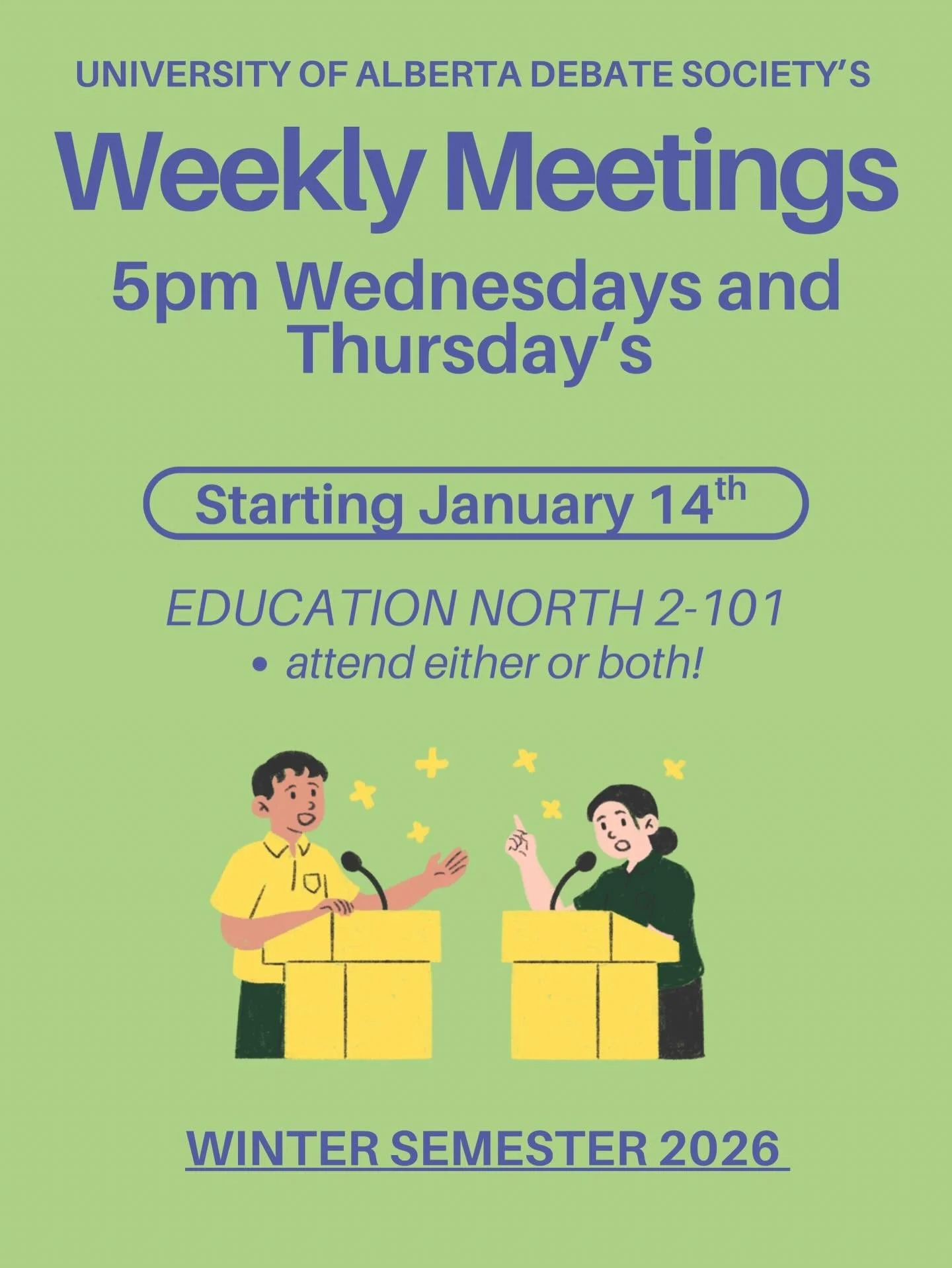 IMPORTANT ANNOUNCEMENT 📣 There will be no debate practice this week, we will begin practices next week Wednesday (Jan 14th). UADS has two weekly meetings on Wednesdays and Thursdays. They begin with an hour ish of seminar then a practice round! If y