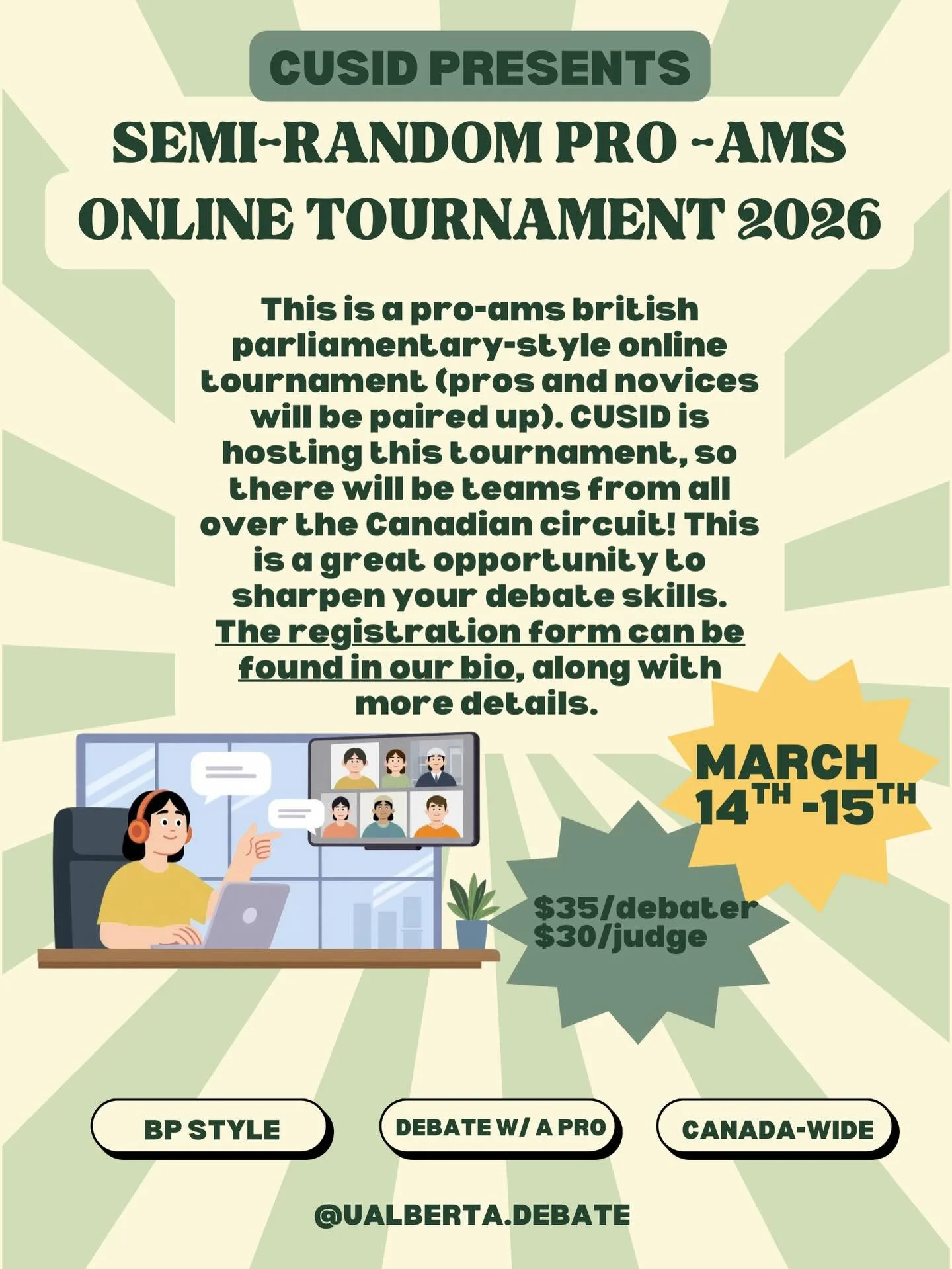 🚨UPCOMING TOURNAMENT ALERT 🚨 CUSID is hosting a pro-ams ONLINE tournament March 14th to 15th weekend. The registration for this tournament closes on March 7th @ 11:59pm. 

More details located in the reg form in our linktree! 

#uads #universitydeb