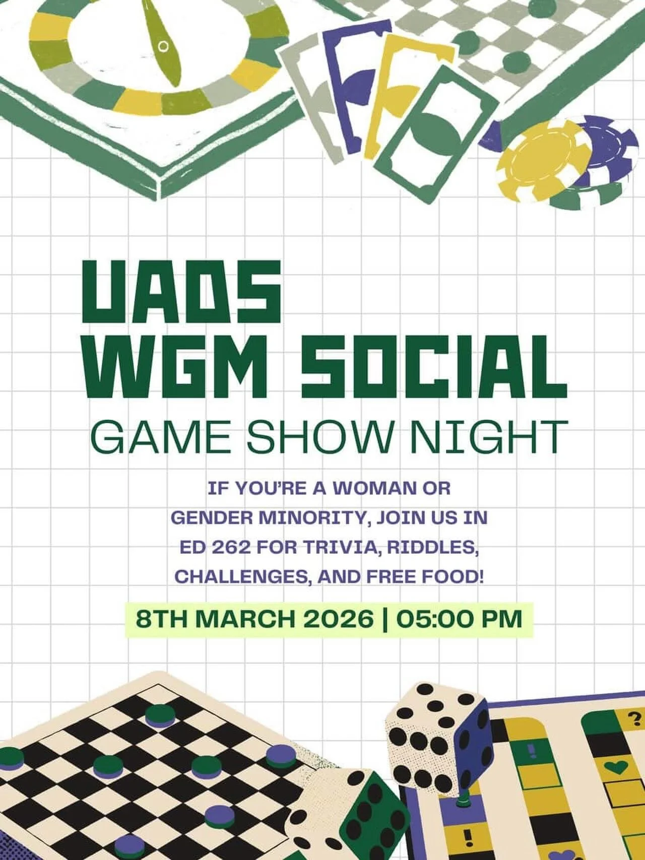 Calling all WGM members of UADS! Join us on March 8th for a social 🎤⭐️ Special thanks to Maryam our WGMAL for planning this event and making the poster!!! There will be free food as well, so please come hangout😍👏

‼️🔈This event is only for women 