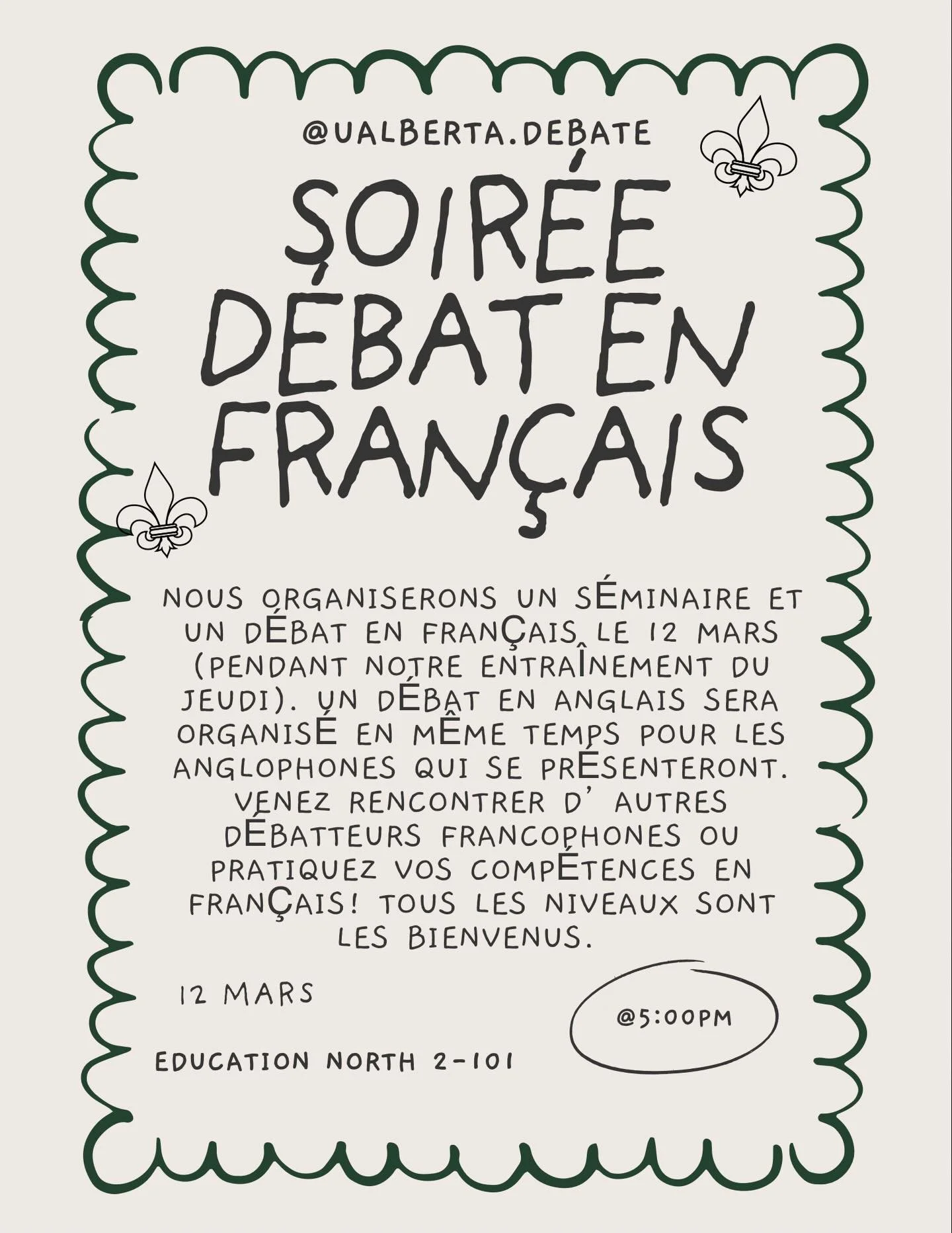 Rejoignez-nous jeudi prochain pour un d&eacute;bat en fran&ccedil;ais! 

Join us next week thursday for a french debate! 

#universitydebate #uofa #francophone
