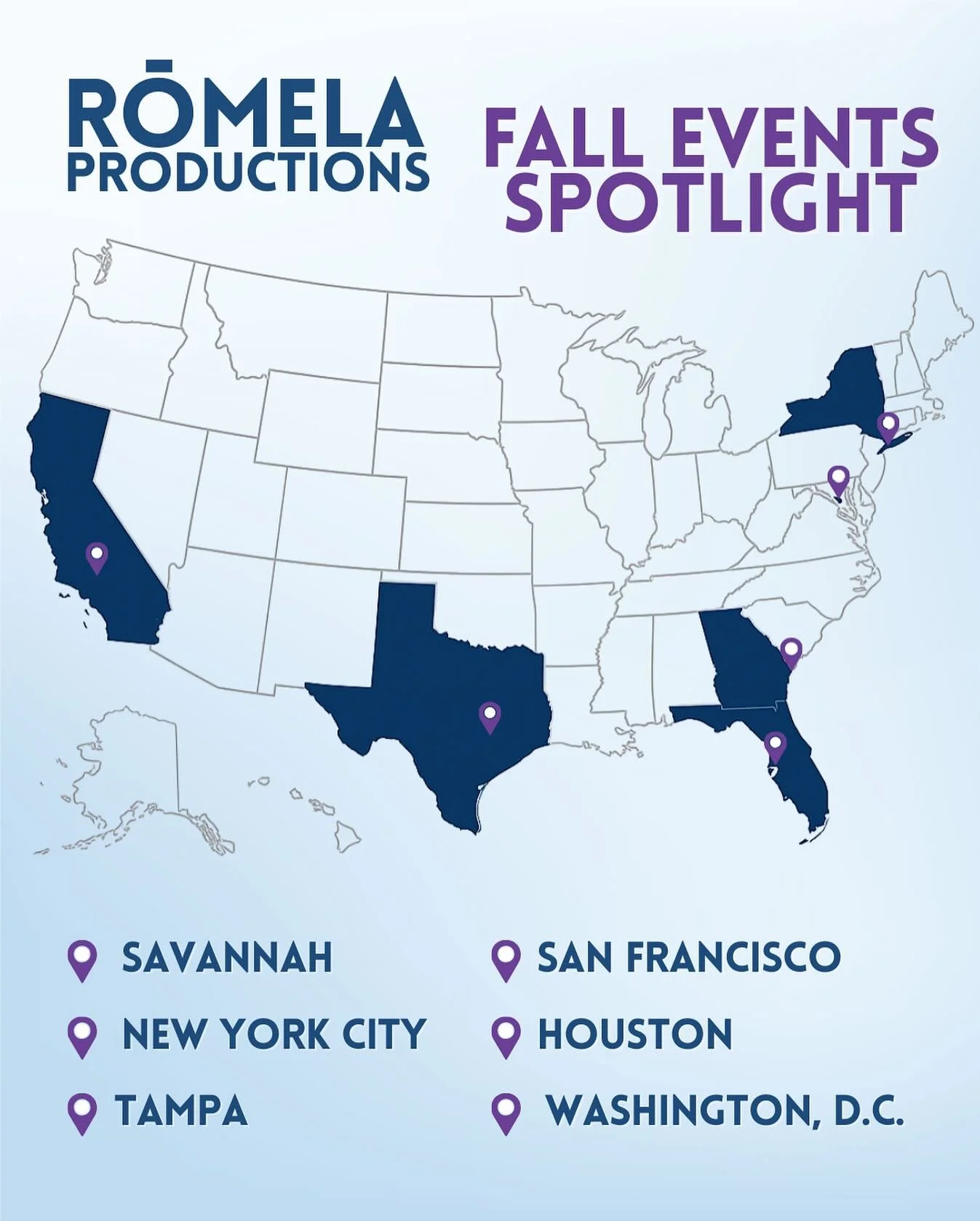 ✨ Fall is looking busy (and we wouldn&rsquo;t have it any other way)! ✨

Romela Productions is hitting the road &mdash; bringing unforgettable events to life in these cities over the next few weeks. Make sure to follow us to come along for the journe