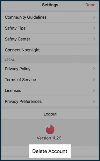 Option to Delete Tinder Account Option Screenshot