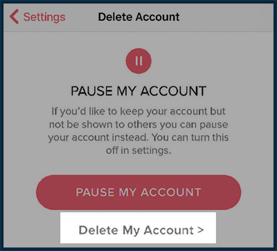 Screenshot to Pause or Delete Tinder Account