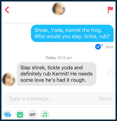 Screenshot of a playful Tinder opening message