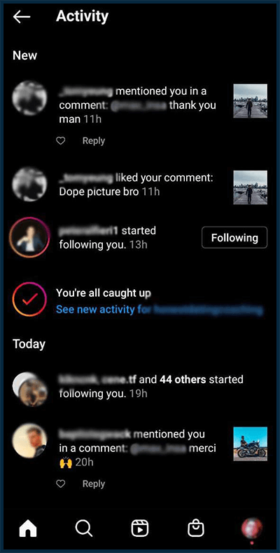 Example of IG notifications screen