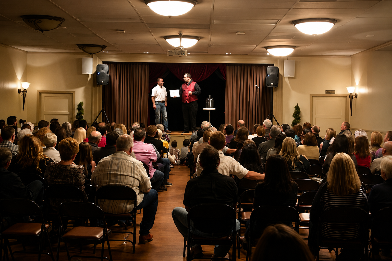 Magician Kyle Elder entertaining a full theater audience during a live stand-up magic show