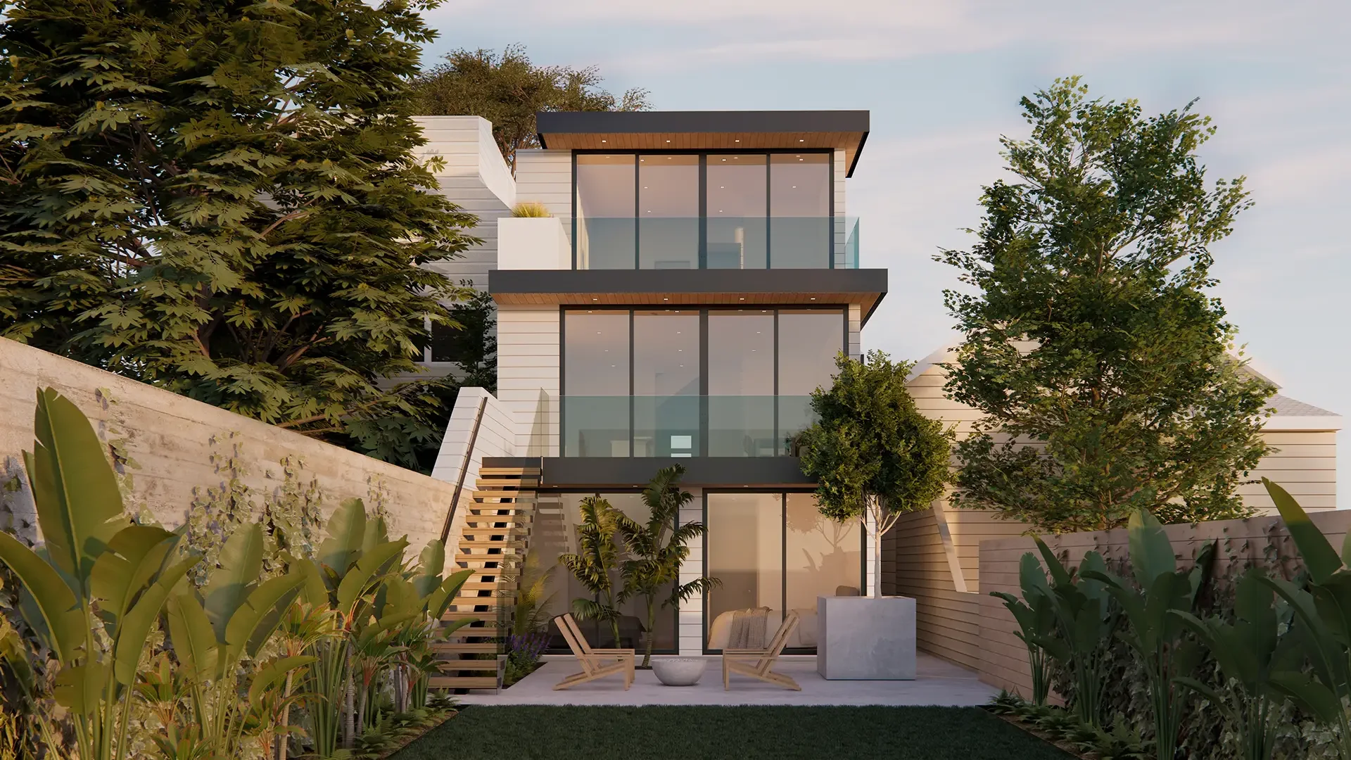 modern three-story rear building design with sleek and minimal exterior made of glass and wood, backyard garden with cozy seating area, by AS Architecture, Inc. in San Francisco, California
