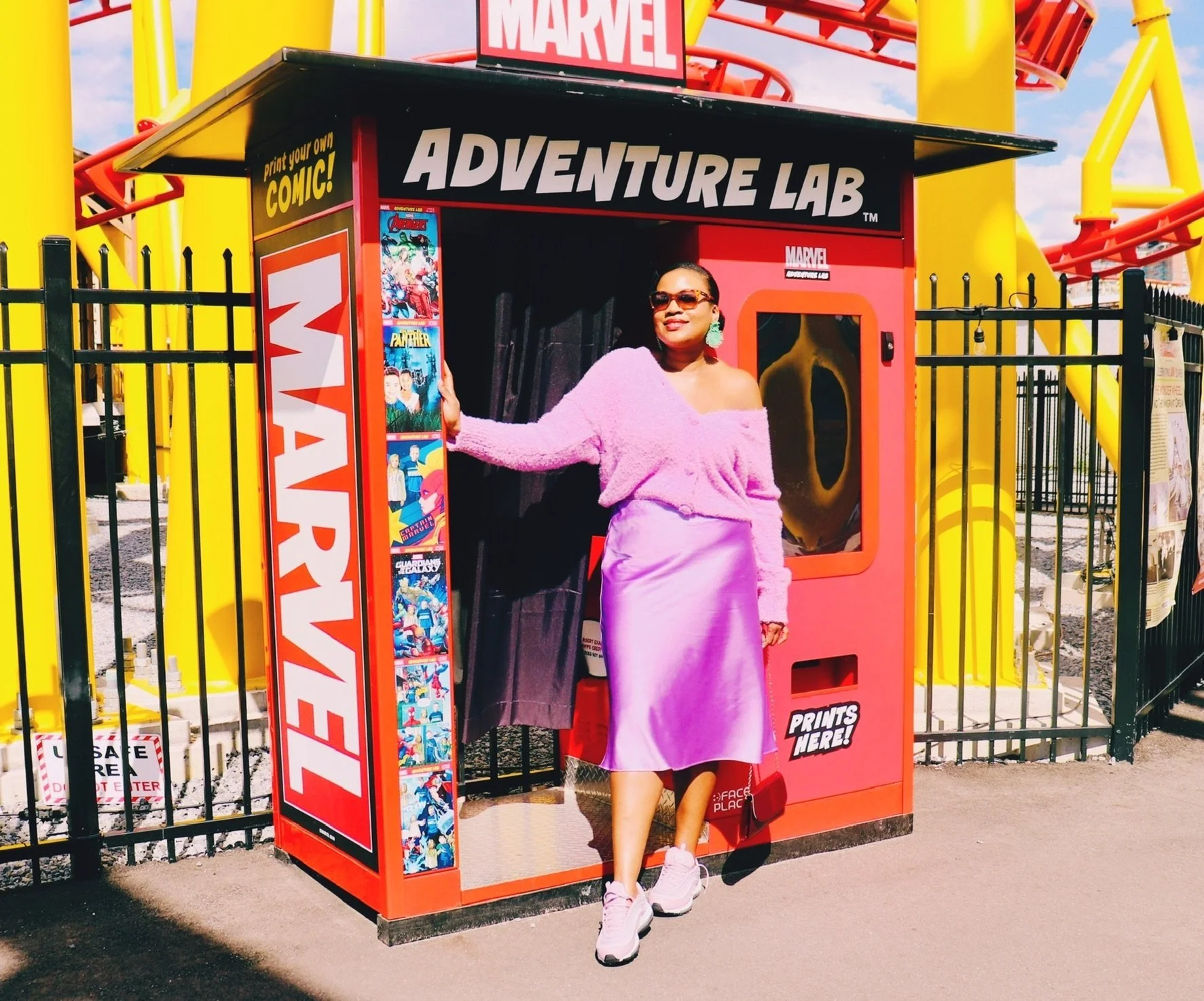 purple monochrome outfit, satin skirt with sweater, amusement park