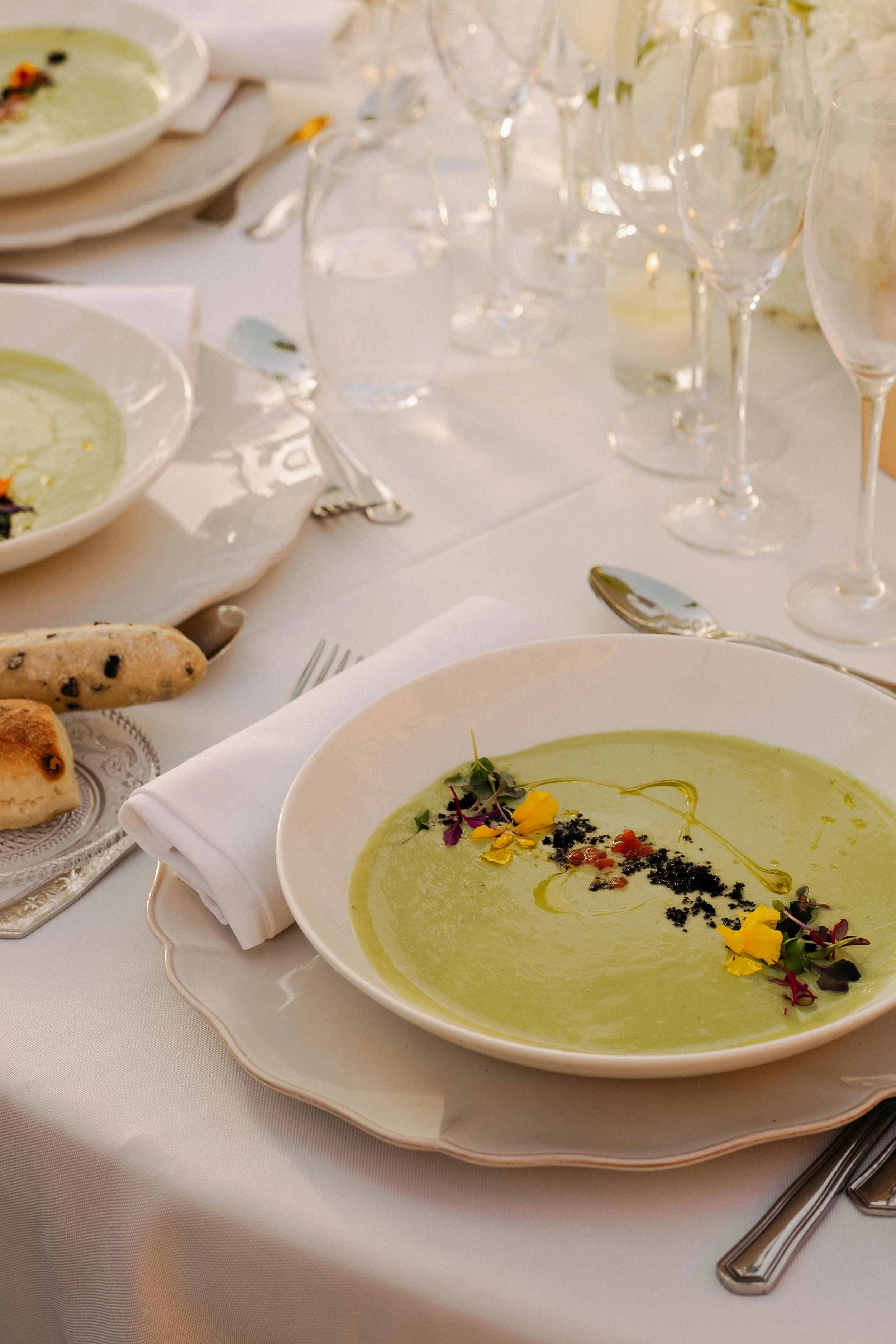 Wedding table details and first course  Marbella luxury dinner Spain