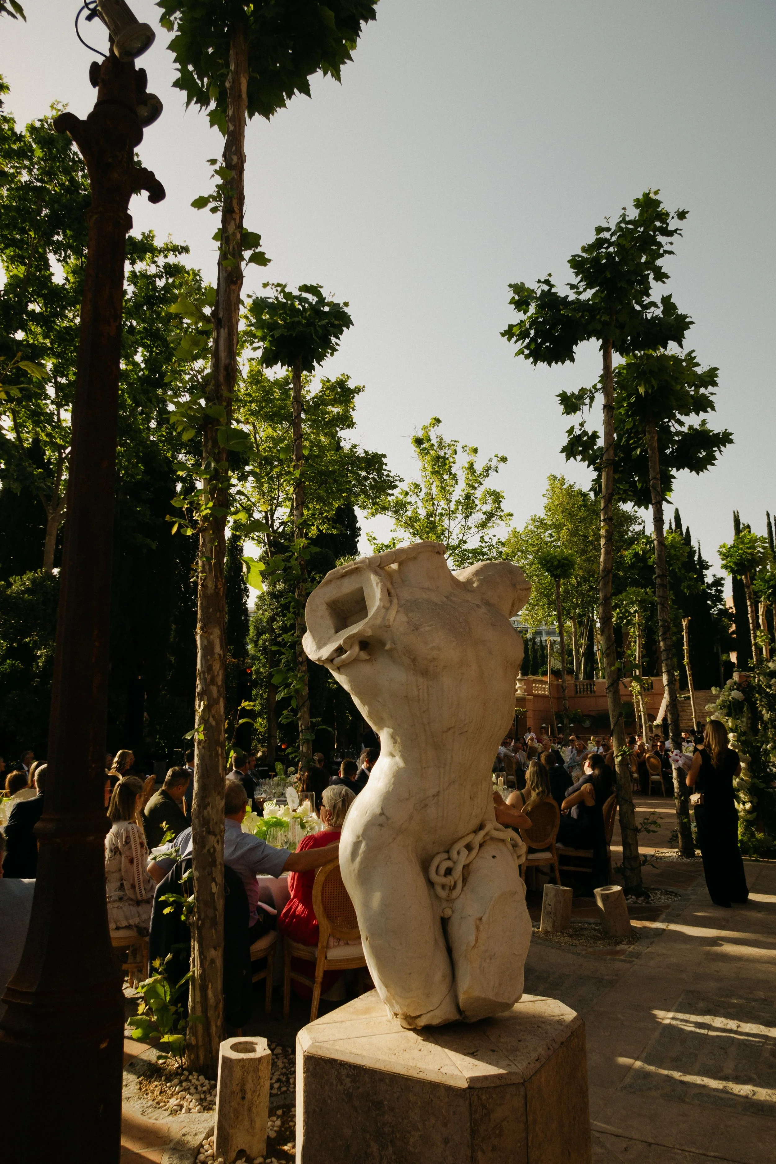 Wedding reception dinner Marbella villa Spain luxury event statue in Anantara Villa Padierna
