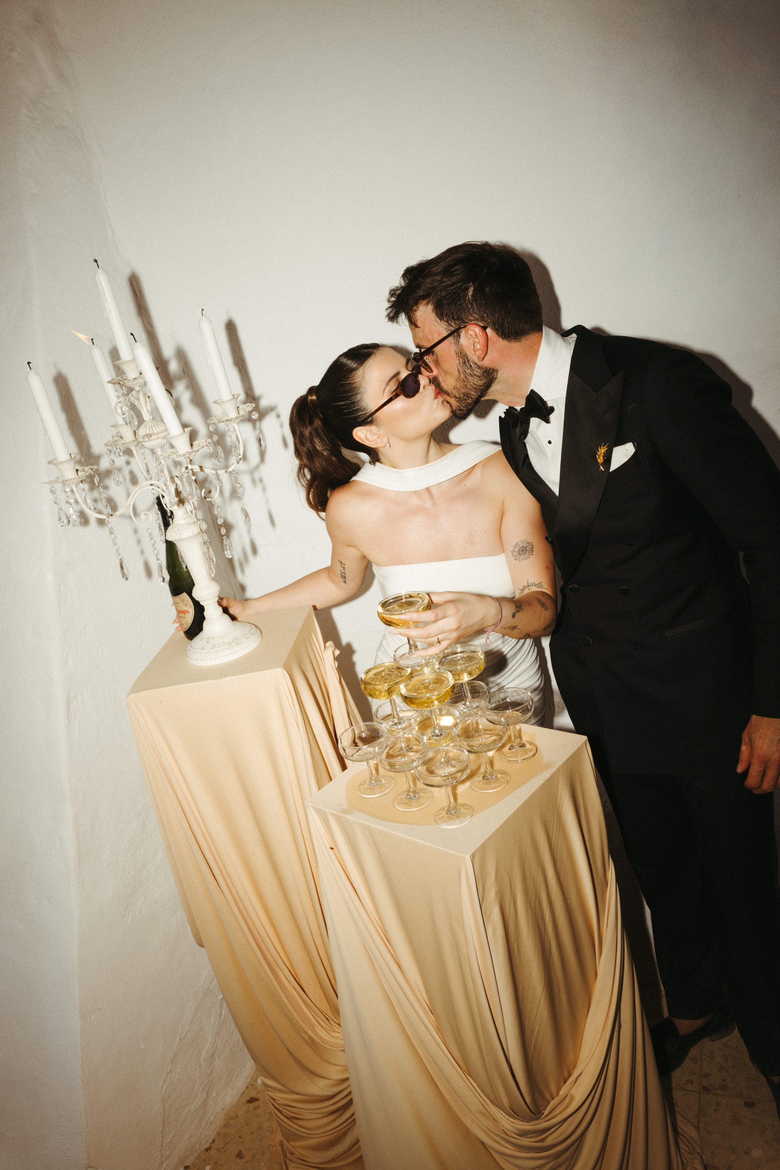 Champagne tower at an editorial wedding in Spain