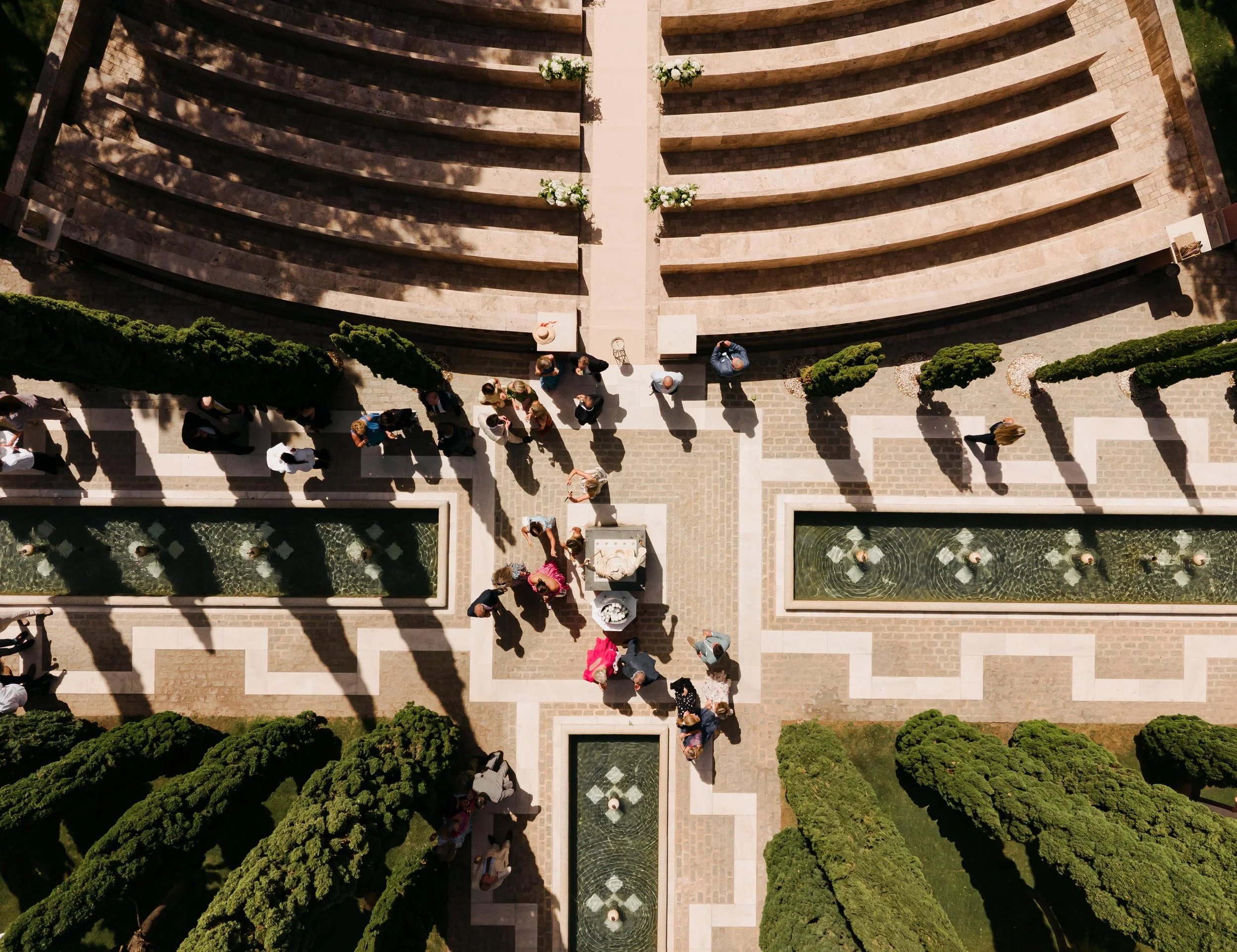 Drone view courtyard wedding setup Marbella Spain villa