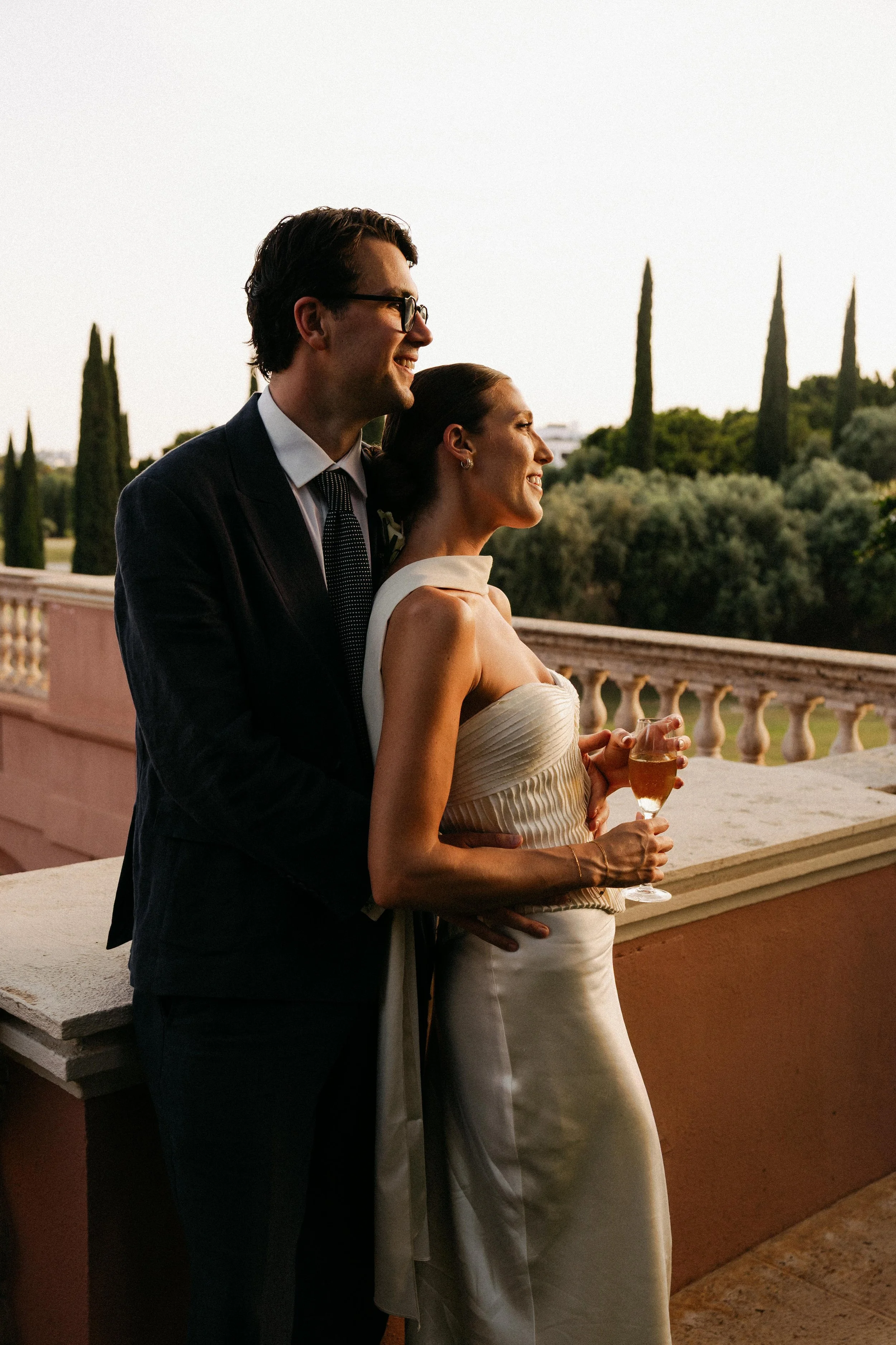 Editorial couple portrait golden light Marbella Spain wedding
