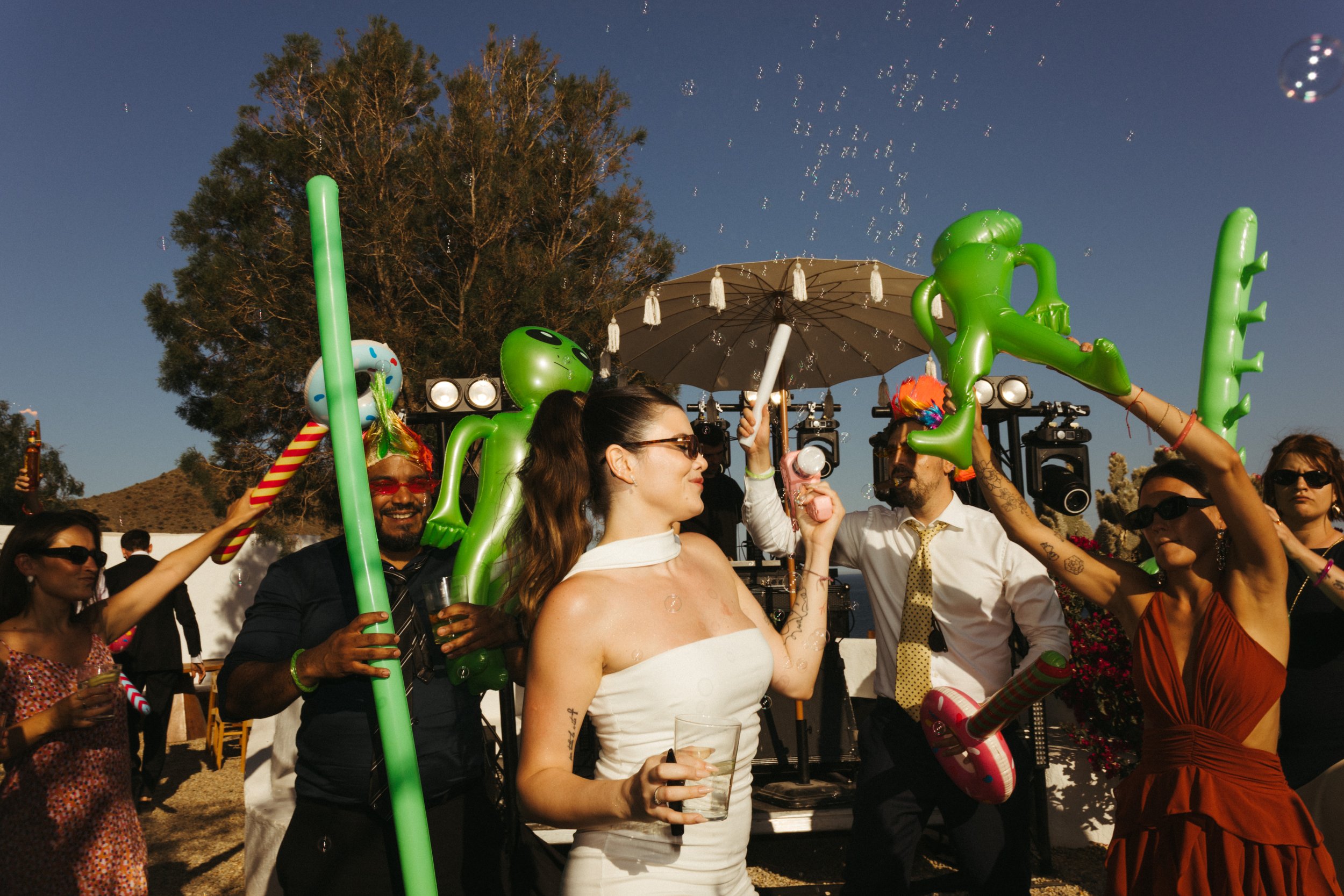 European destination wedding party at sunset