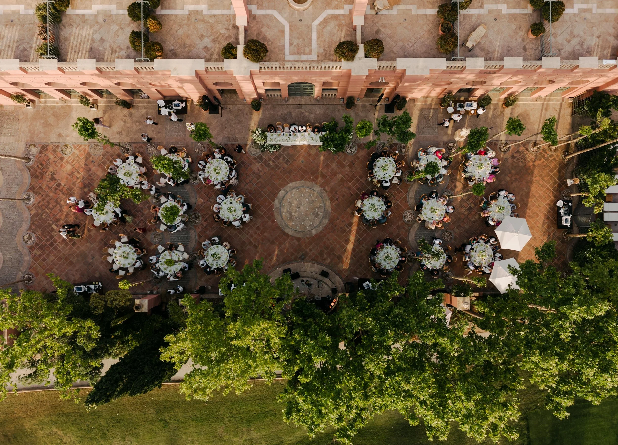 Luxury wedding reception Marbella evening Spain aerial picture by drone