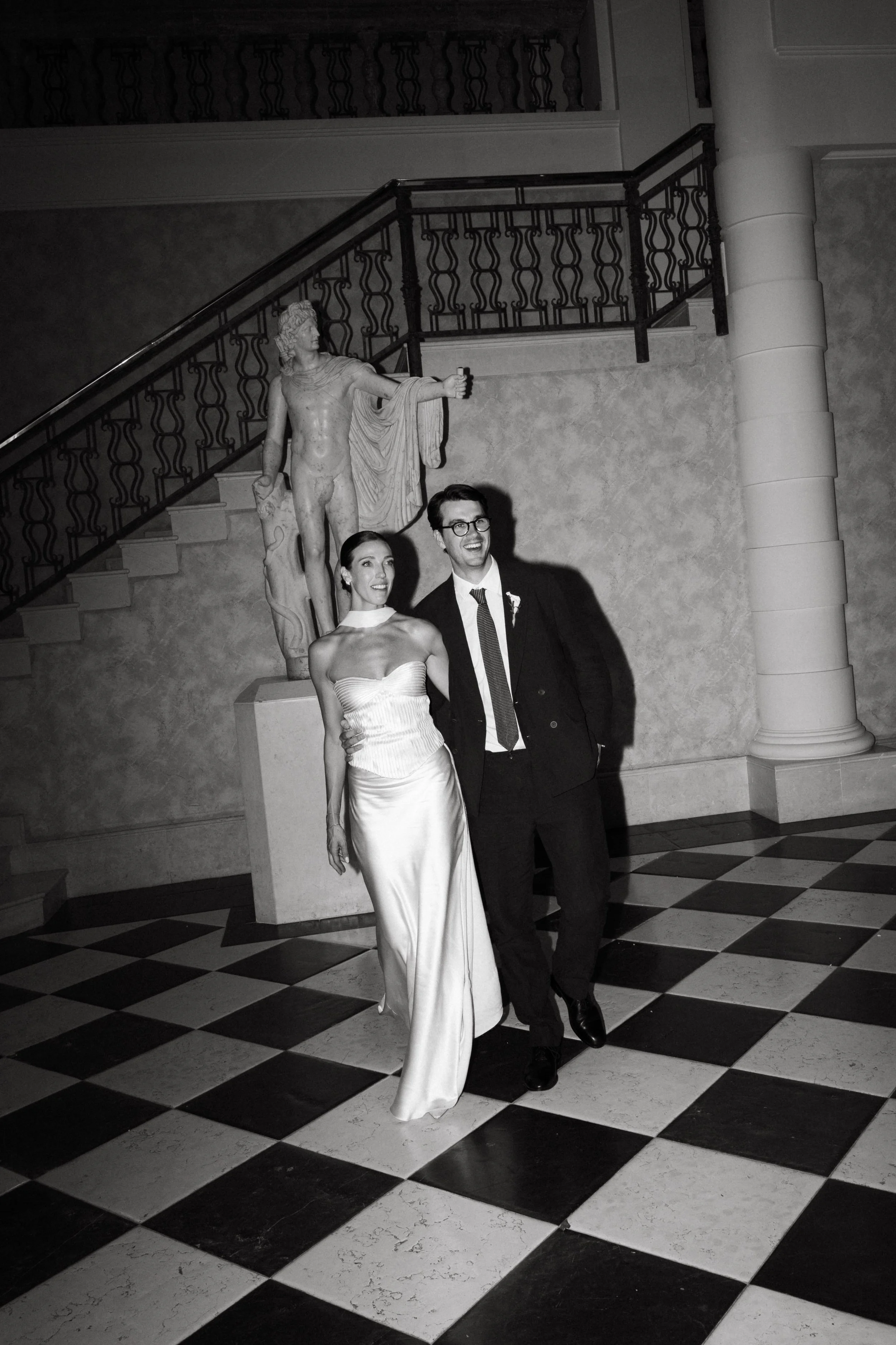 Wedding couple inside villa with statues Marbella Spain, Villa Padierna Anantara