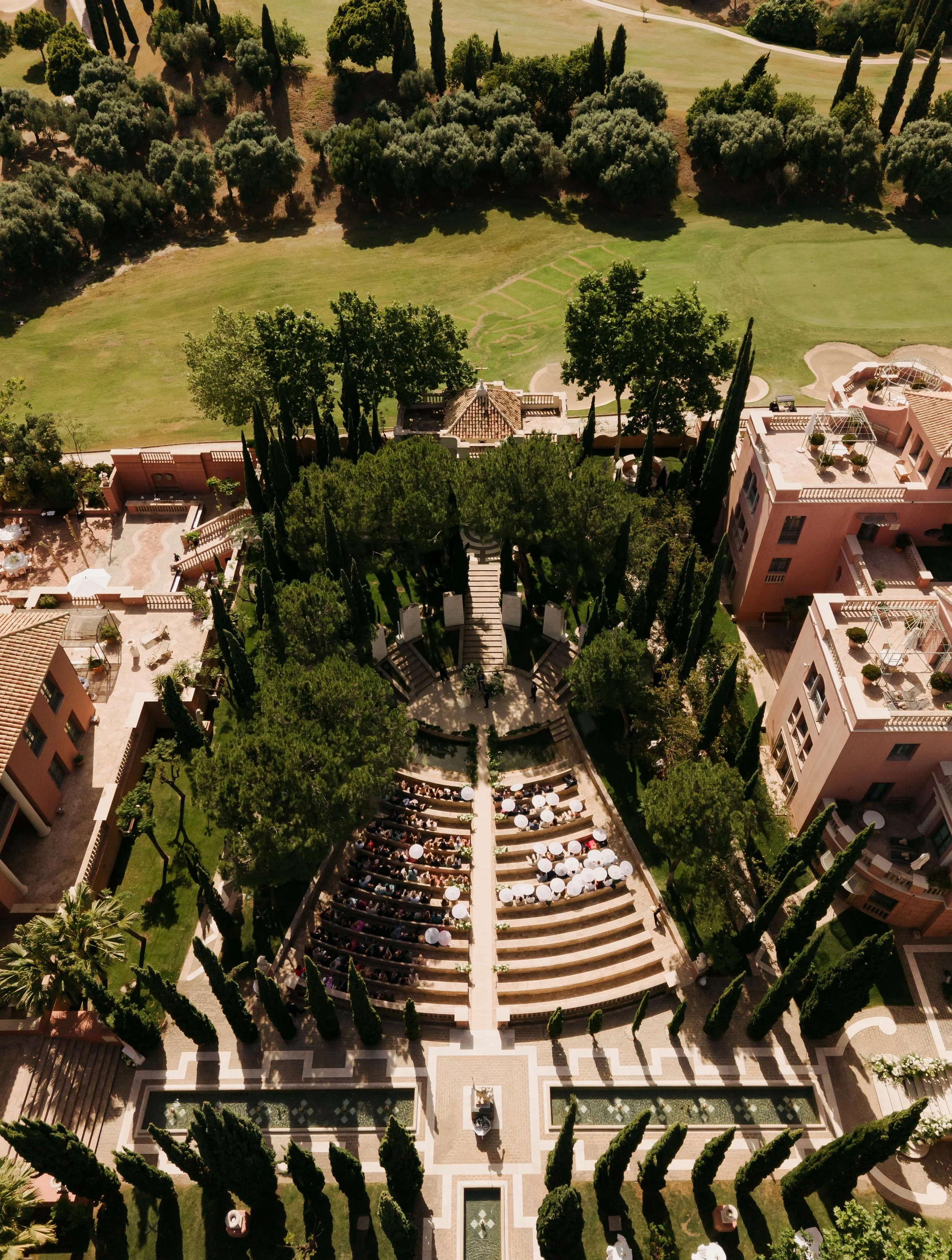 Outdoor ceremony amphitheatre Marbella Spain wedding shot by Marbella Drone photographer