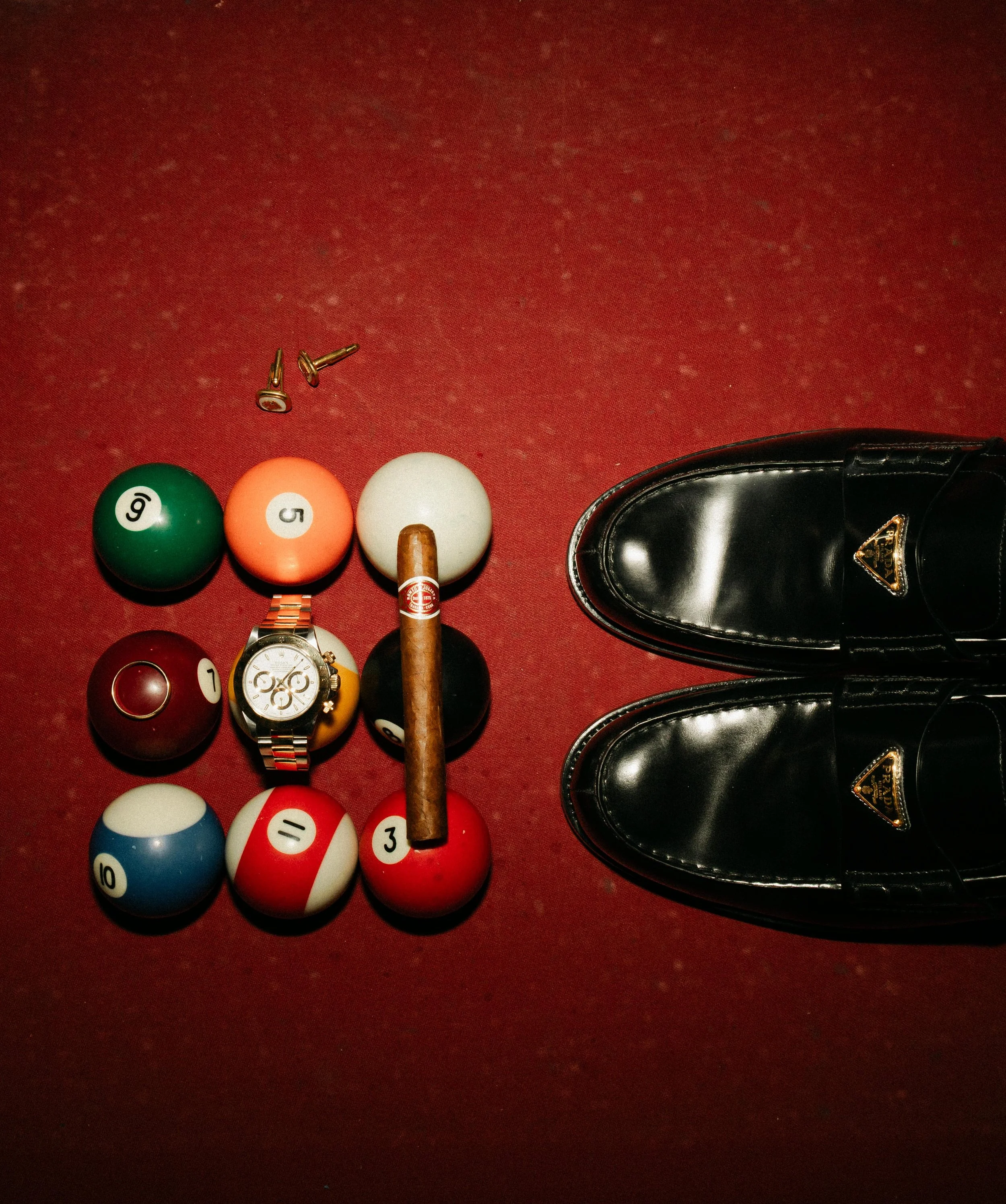 Elegant wedding details captured during a destination wedding in southern Spain, Prada shoes, rolex watch and cigar and vintage cufflinks