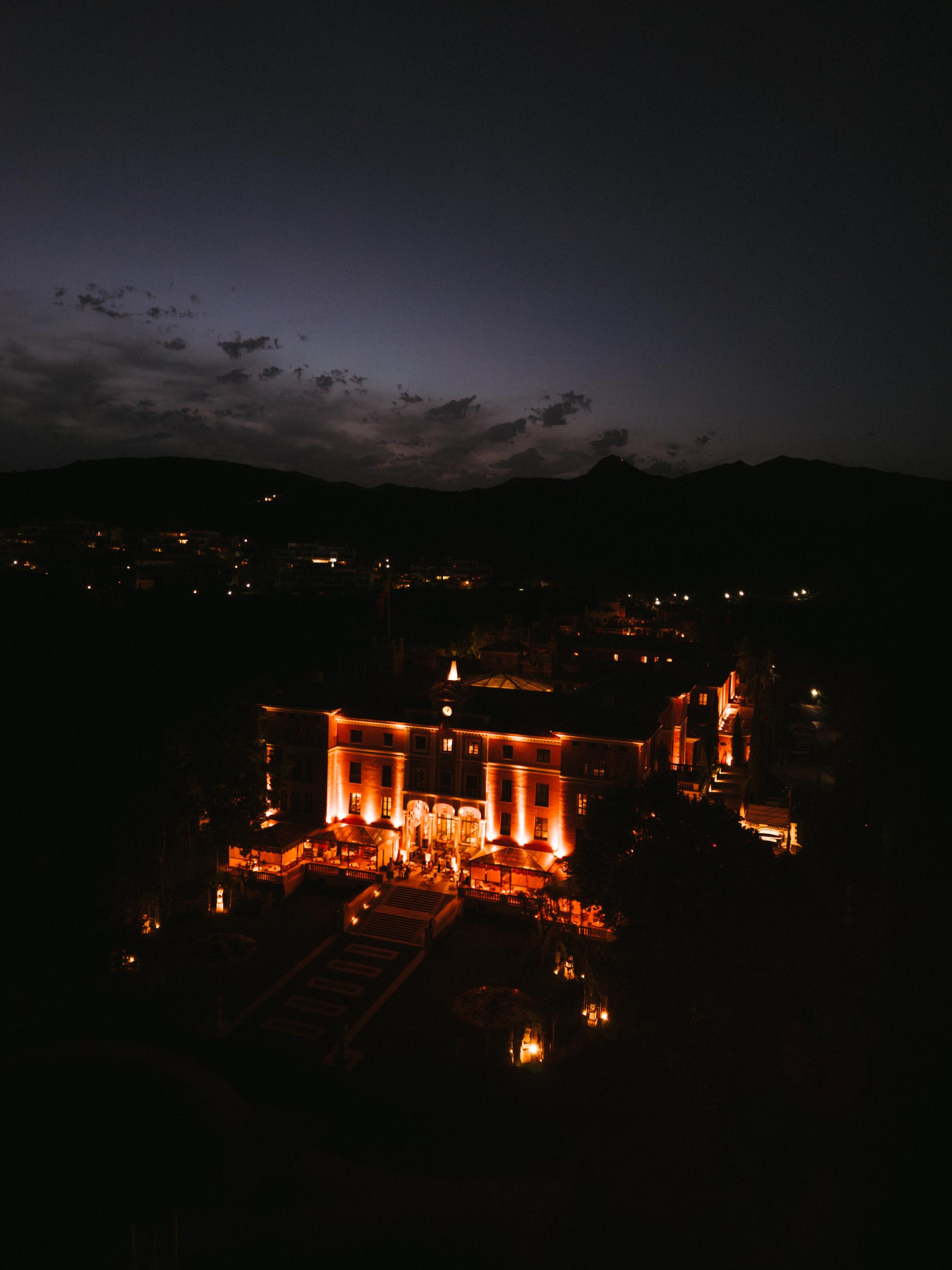 Drone overview Anantara Villa Padierna estate Marbella Spain wedding at night
